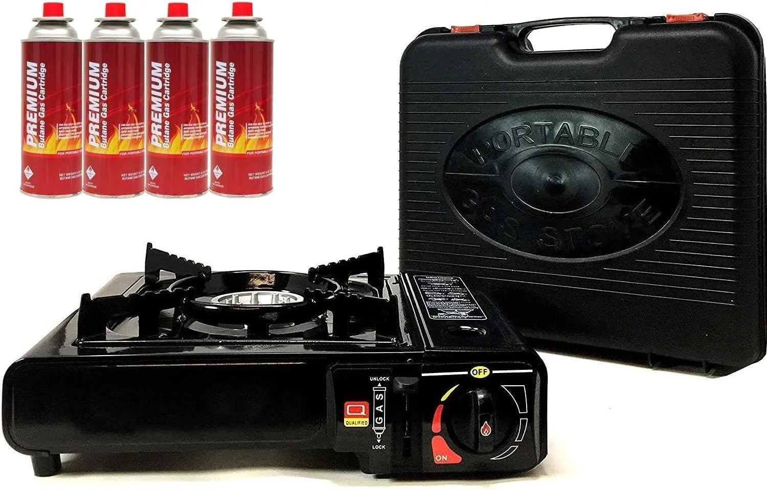 Portable Butane Gas Stove & 4 pack Butane Canister Complete Set With Carrying Case - Full Stainless Steel Body Electronic Ignition for Outdoor Camping Tailgating Backyard