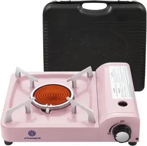 Portable Butane Stove Windproof Infrared Burner Outdoor Cooker Hiking Picnic Compact Camping Stoves Pink Color with Carry Box