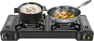 Portable Dual-Burner Camping Stove, Auto Ignition Camping Burner LPG for RV with Carrying Case, 0.37lbs/hr Gas Consump,Auto Ignition, 8.27in Grate, Non-slip，for Camping, Apartments（Indoor, outdoor）