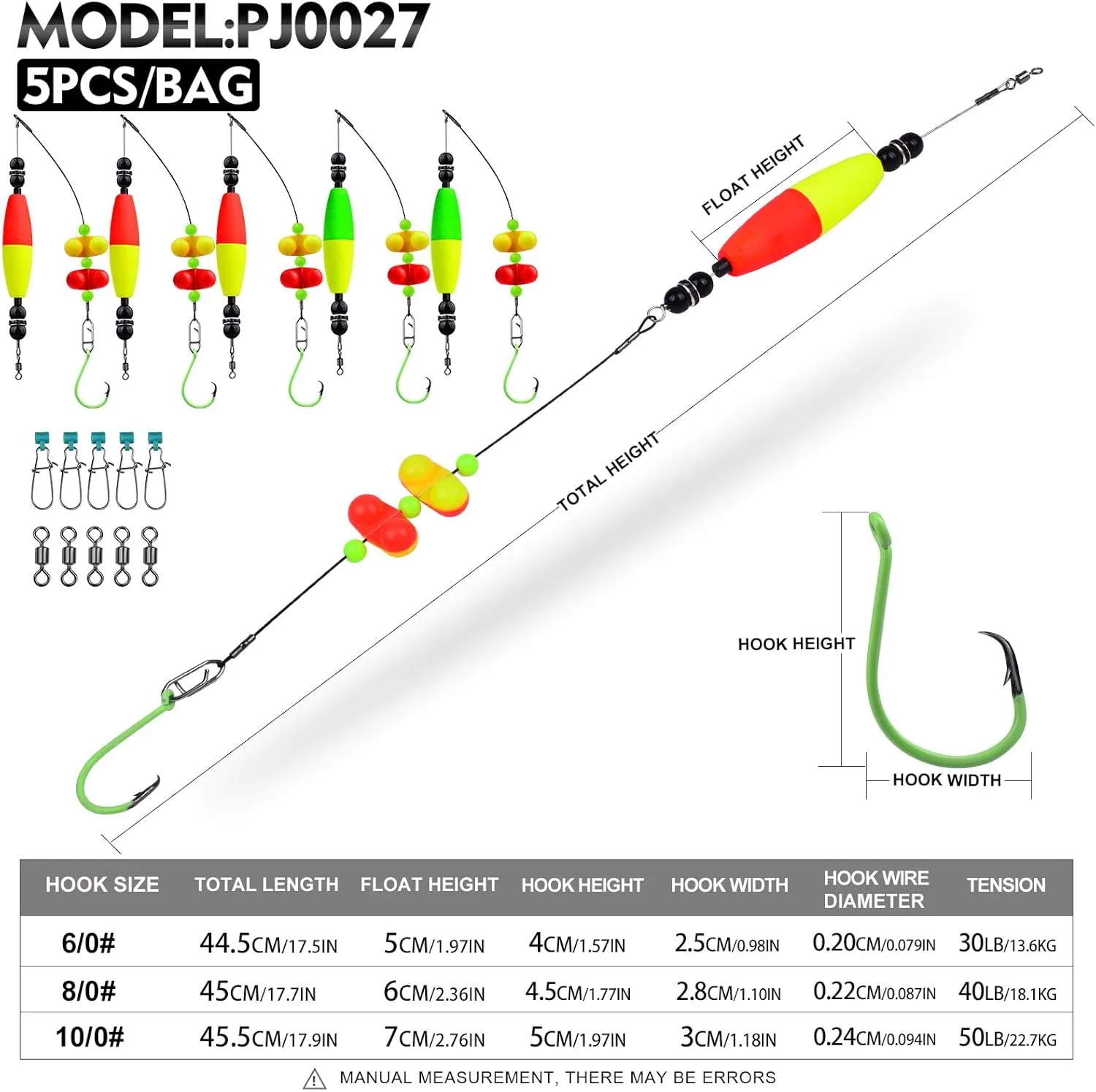 PROBEROS Catfish Fishing Rigs - Bank Fishing Set with 5pcs/Set, 6/0, 8/0, 10/0 Circle Hooks Circle Hooks, High Visibility, Ready to Use Catfish Rigs