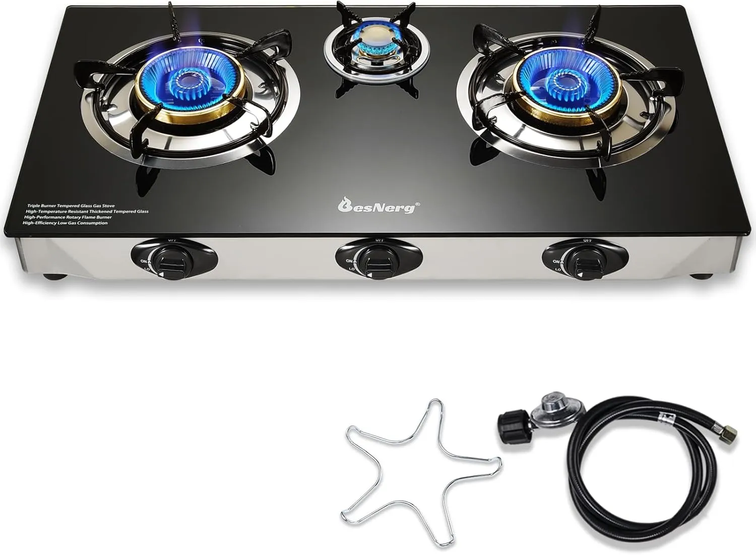 Propane Stove 3 Burner Gas Stove, 34000 BTU High-Efficiency Auto Ignition Tempered Glass LPG Cooktop with CSA Regulator and Hose – for Outdoor Camping, RV, and Emergency Cooking