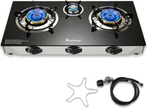 Propane Stove 3 Burner Gas Stove, 34000 BTU High-Efficiency Auto Ignition Tempered Glass LPG Cooktop with CSA Regulator and Hose – for Outdoor Camping, RV, and Emergency Cooking