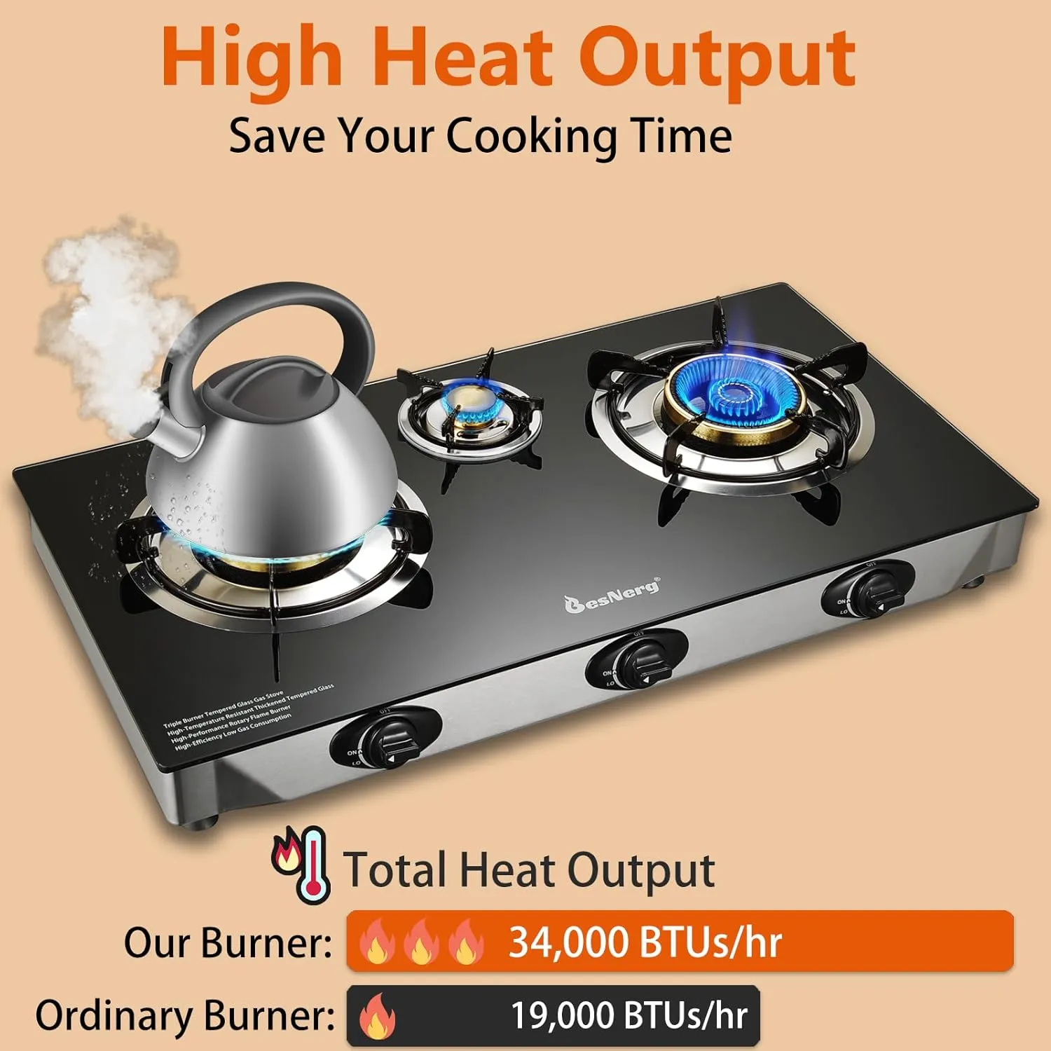 Propane Stove 3 Burner Gas Stove, 34000 BTU High-Efficiency Auto Ignition Tempered Glass LPG Cooktop with CSA Regulator and Hose – for Outdoor Camping, RV, and Emergency Cooking