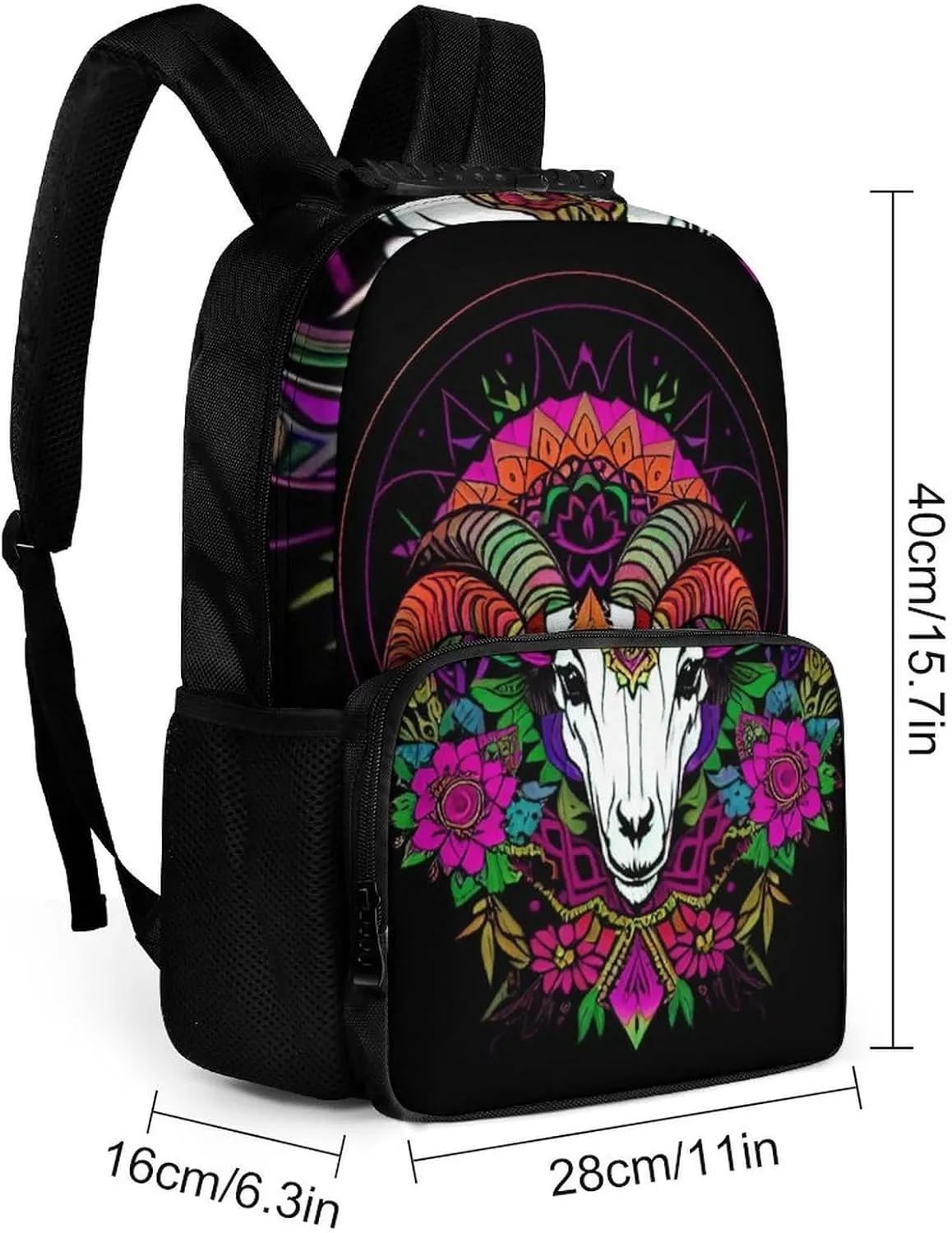 Psychedelic Goat Skull Art Backpack Polyester Anti-Theft Multipurpose Bookbag Large Capacity Laptop Book Bag Rucksack With Side Pockets