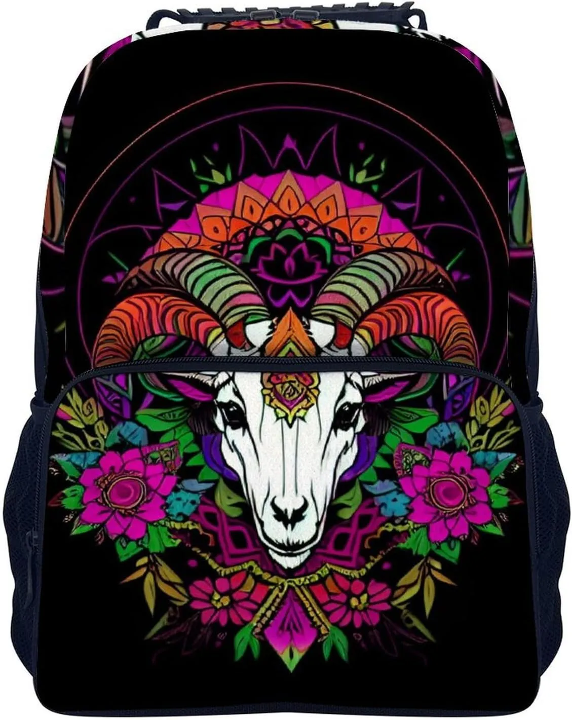 Psychedelic Goat Skull Art Backpack Polyester Anti-Theft Multipurpose Bookbag Large Capacity Laptop Book Bag Rucksack With Side Pockets