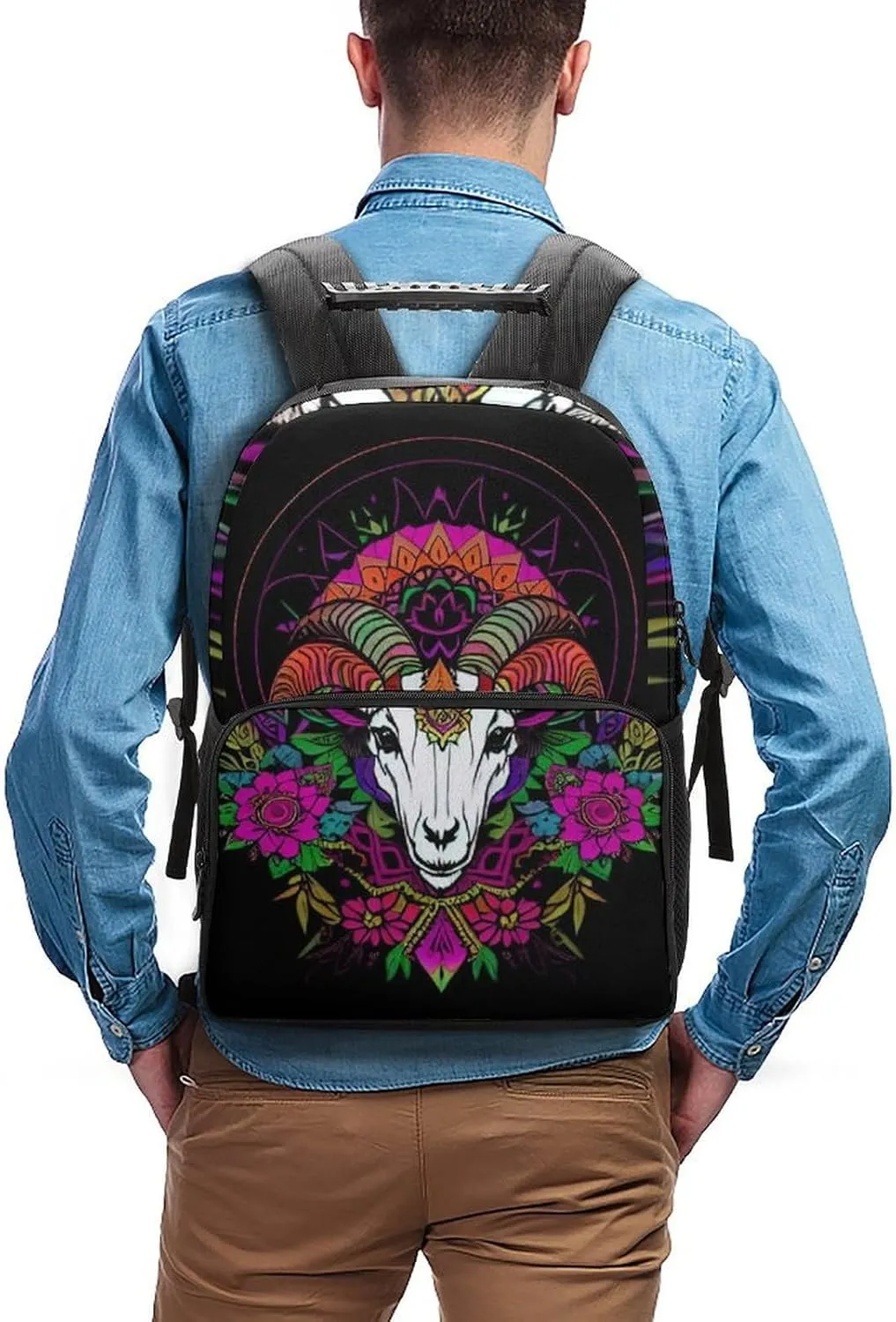Psychedelic Goat Skull Art Backpack Polyester Anti-Theft Multipurpose Bookbag Large Capacity Laptop Book Bag Rucksack With Side Pockets