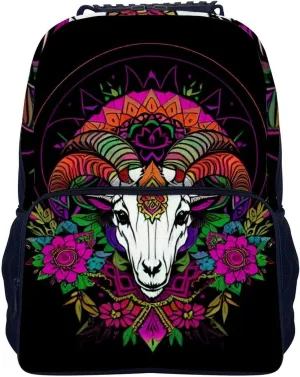Psychedelic Goat Skull Art Backpack Polyester Anti-Theft Multipurpose Bookbag Large Capacity Laptop Book Bag Rucksack With Side Pockets