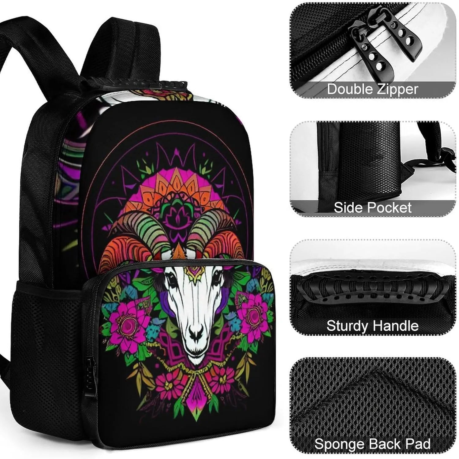 Psychedelic Goat Skull Art Backpack Polyester Anti-Theft Multipurpose Bookbag Large Capacity Laptop Book Bag Rucksack With Side Pockets