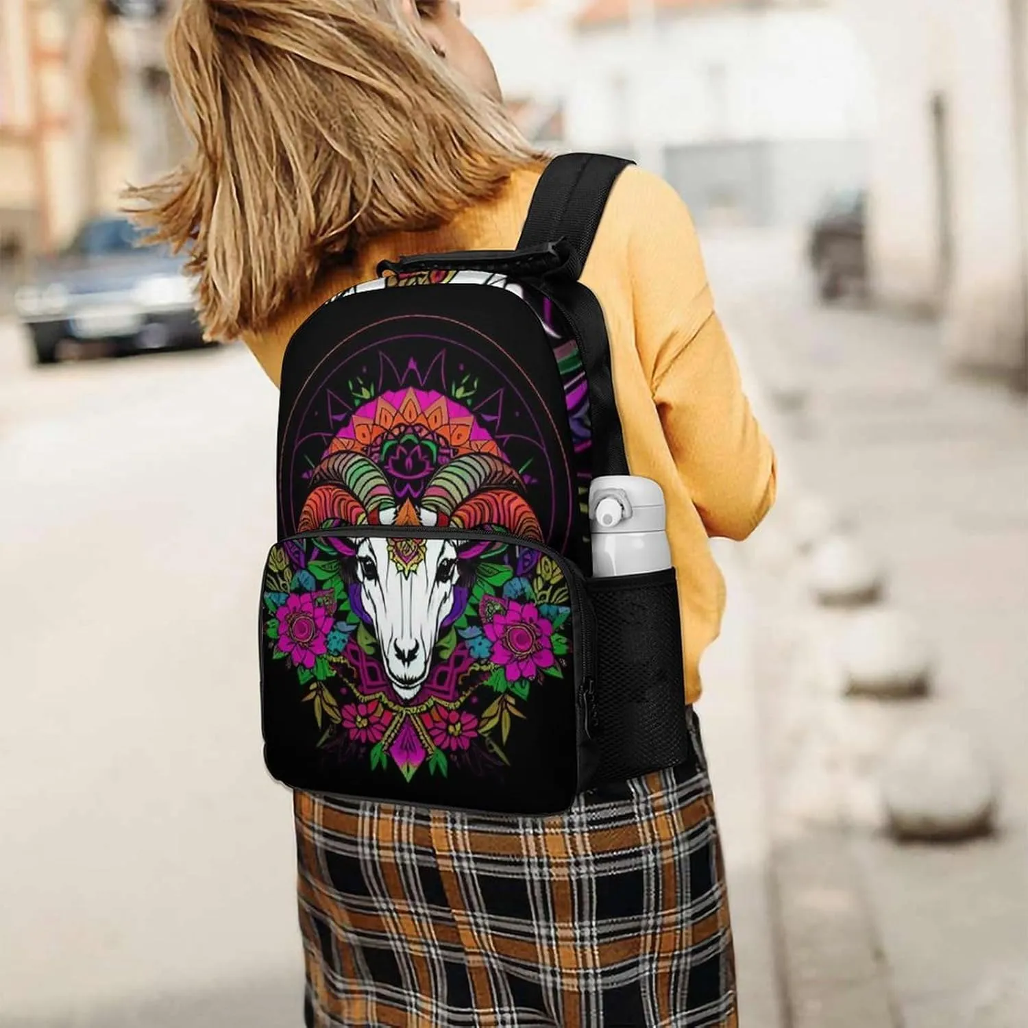 Psychedelic Goat Skull Art Backpack Polyester Anti-Theft Multipurpose Bookbag Large Capacity Laptop Book Bag Rucksack With Side Pockets
