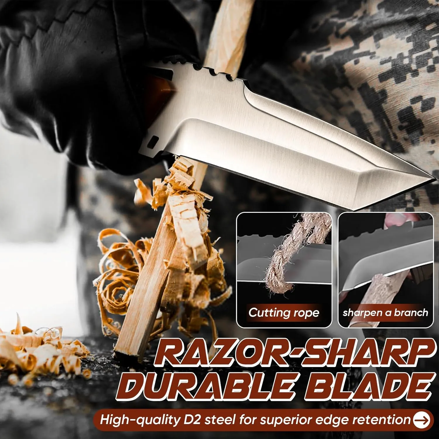 Purple Dragon Fixed Blade Knife with Kydex Sheath - D2 Steel Survival Knives for Camping, Bushcraft, Hunting - Ergonomic G10 Handle Outdoor Survival Gear Gift for Men(T)