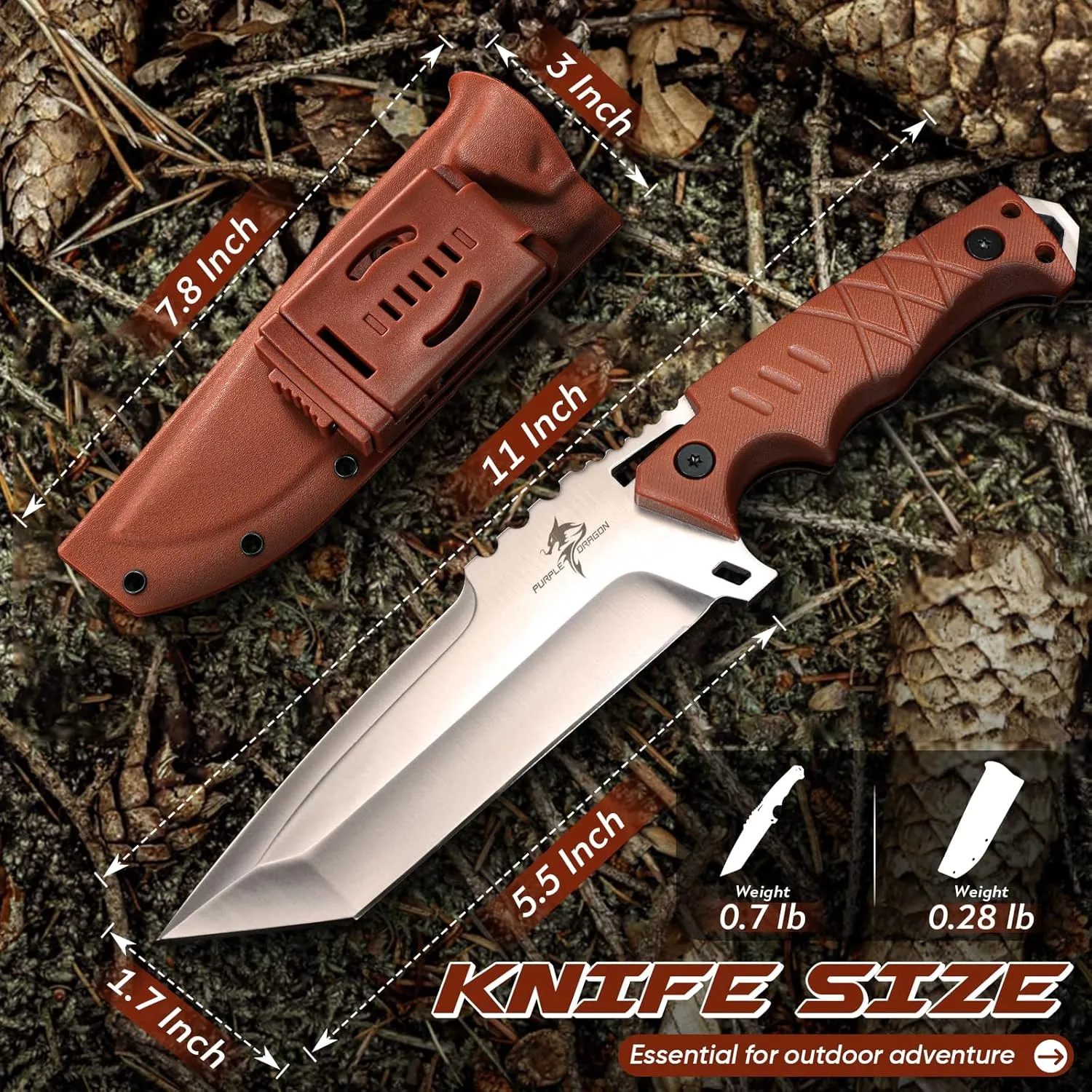 Purple Dragon Fixed Blade Knife with Kydex Sheath - D2 Steel Survival Knives for Camping, Bushcraft, Hunting - Ergonomic G10 Handle Outdoor Survival Gear Gift for Men(T)