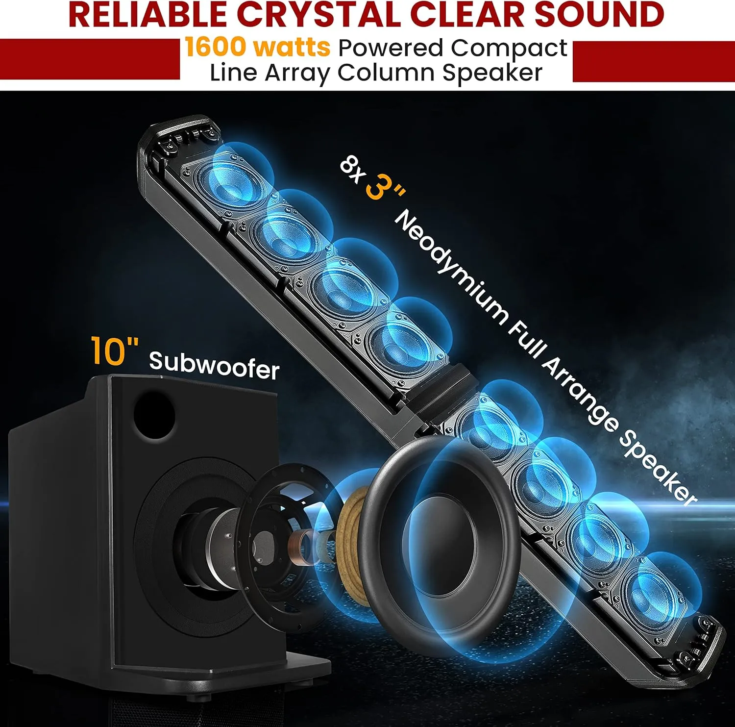 Pyle Line Array Column Speaker - Professional and Compact Sound System with 10 Inch Subwoofer, 8 x 3 Inch Drivers, Streaming, Built-in Digital Audio Amplifier with 4 Band DSP EQ Presets