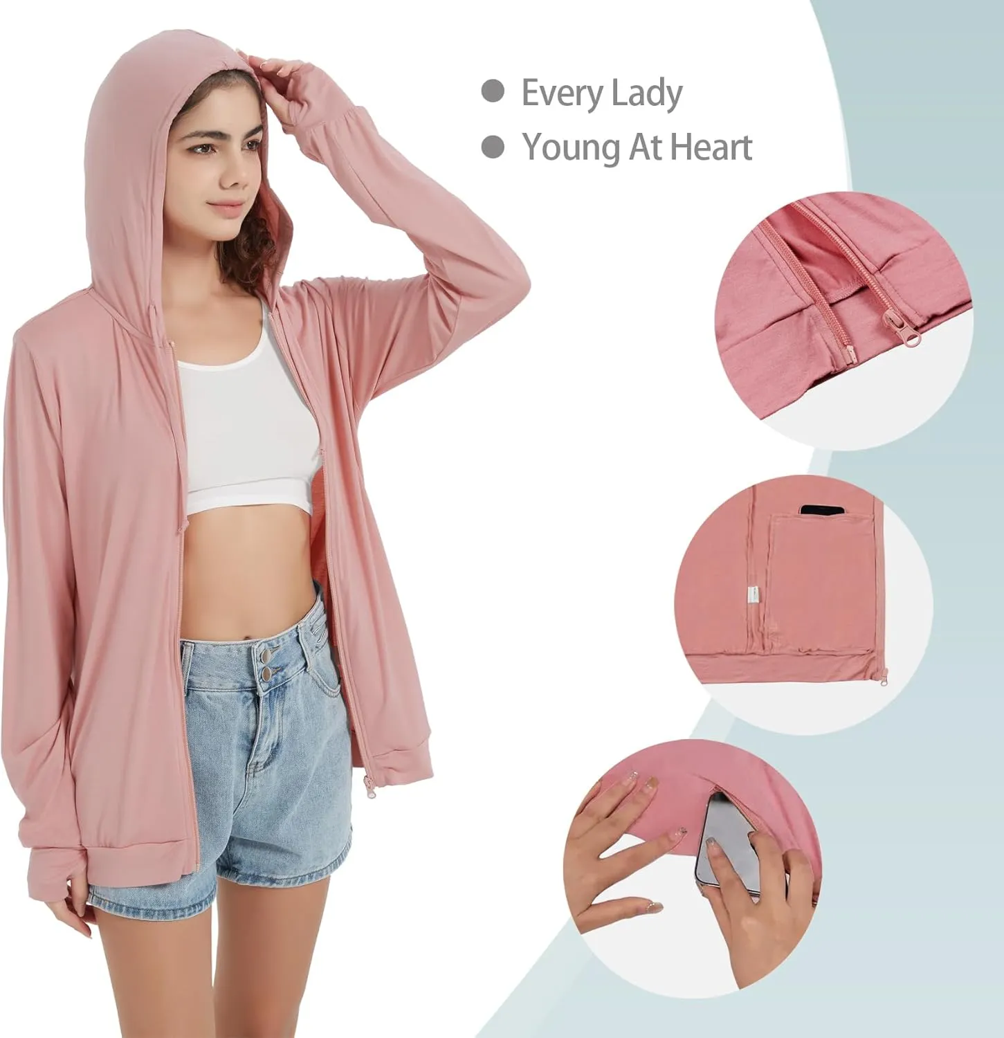 QBK Light Weight Zip Up Hoodie Thin Summer Jacket For Women