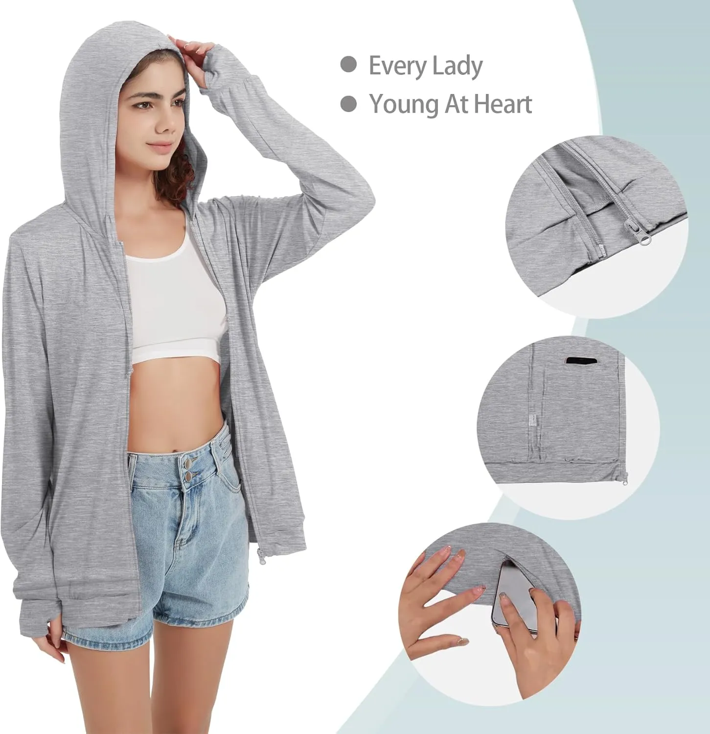 QBK Light Weight Zip Up Hoodie Thin Summer Jacket For Women