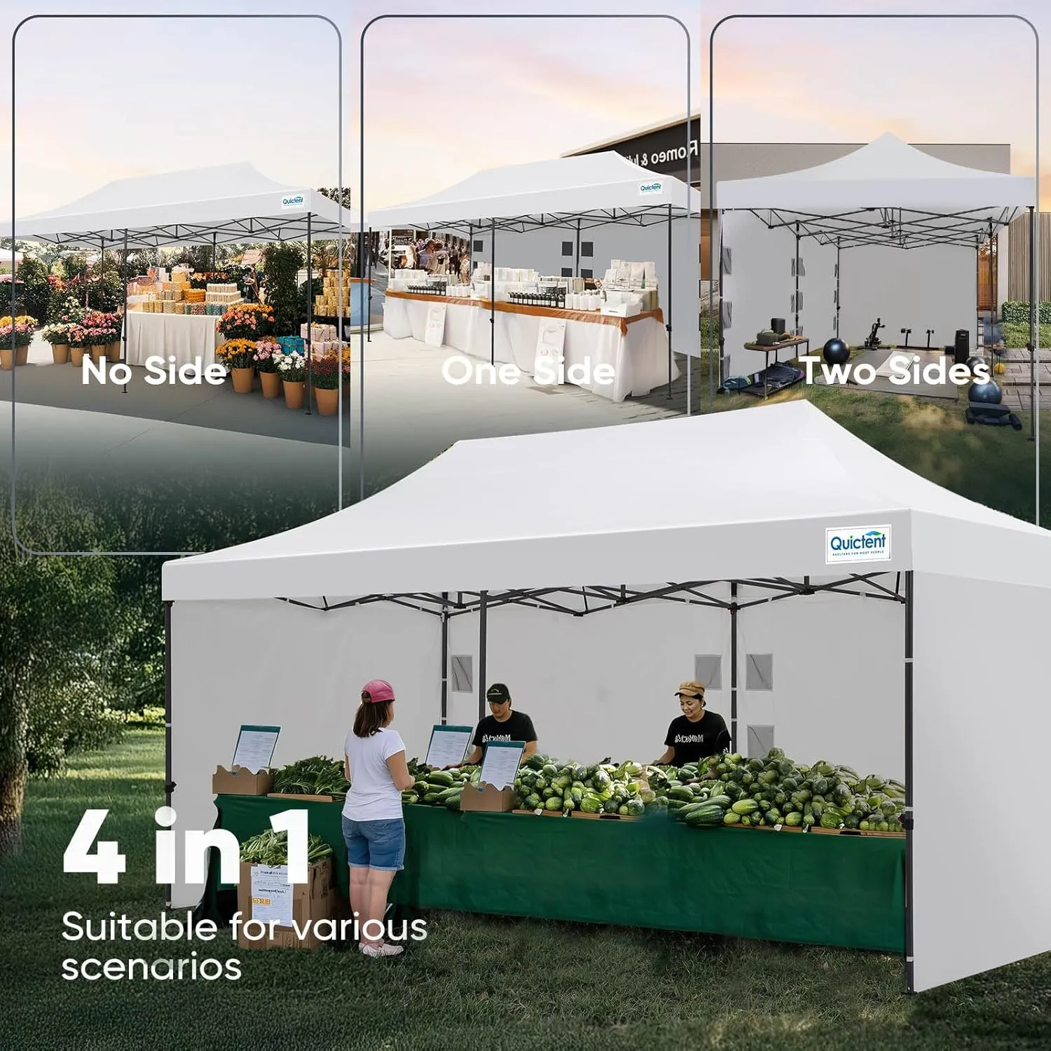 Quictent 10'x20' Heavy Duty Pop up Canopy Tent with Sidewalls, Commercial Grade Instant Shelter with Wheeled Bag for Outdoor, Parties, Markets, 600D Silver Coated UPF 50  Sun Shield
