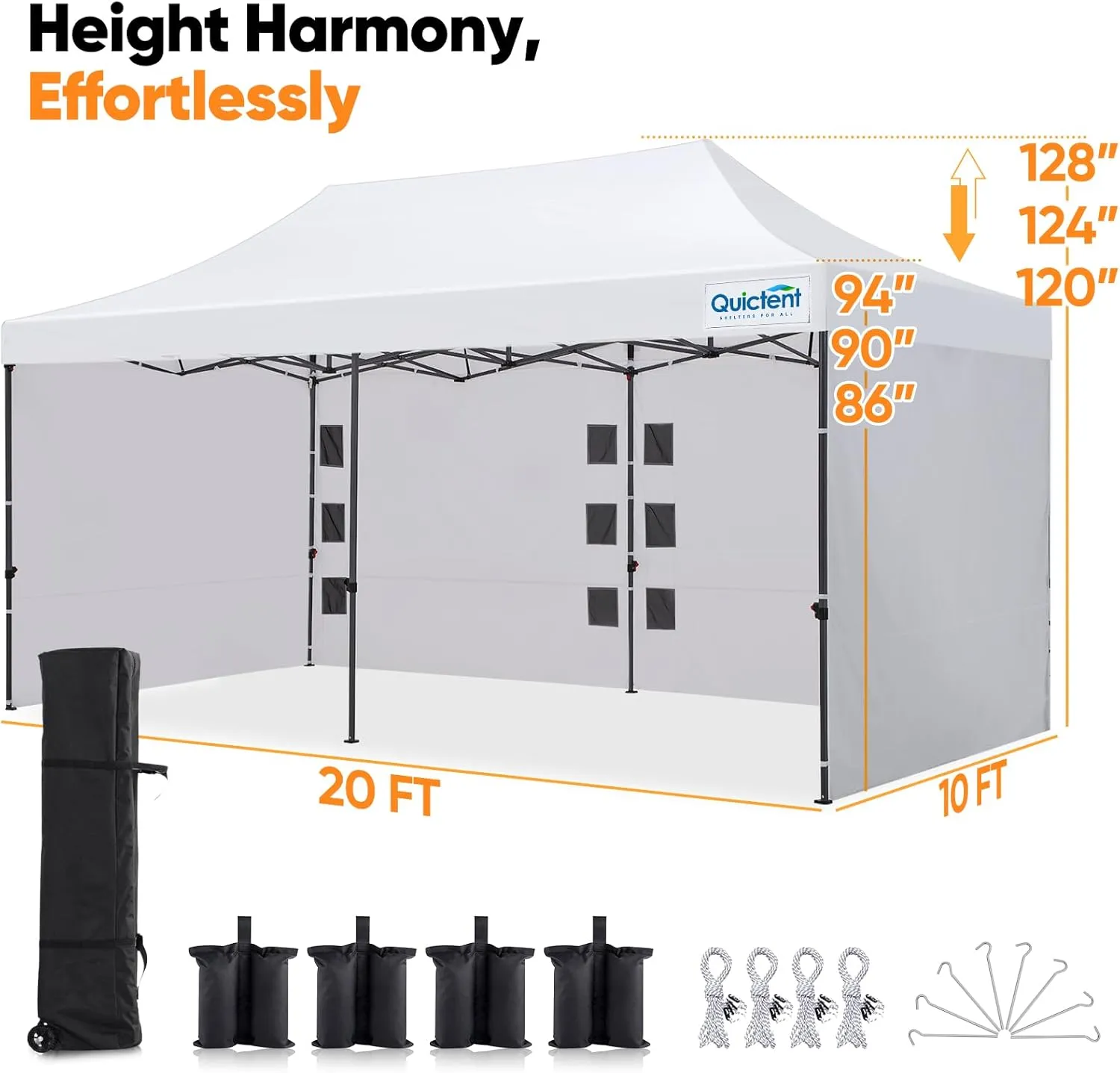 Quictent 10'x20' Heavy Duty Pop up Canopy Tent with Sidewalls, Commercial Grade Instant Shelter with Wheeled Bag for Outdoor, Parties, Markets, 600D Silver Coated UPF 50  Sun Shield