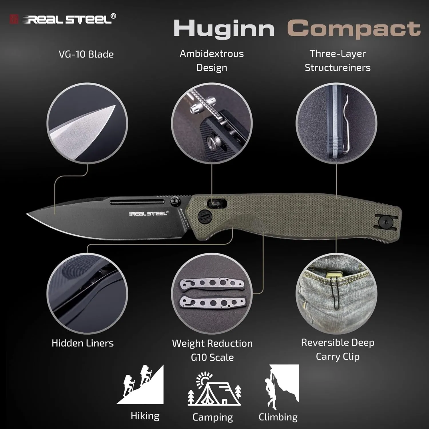 REALSTEEL Huginn Compact Folding Pocket Knife, Crossbar Lock, 3.15'' VG-10 Steel Blade, Thumb Stud, G10/Micarta Handle, Lightweight Knife with Reversible Deep Carry Clip for Men and Women, EDC Gift for Camping, Hiking, Outdoor Use (Black/Green G10)