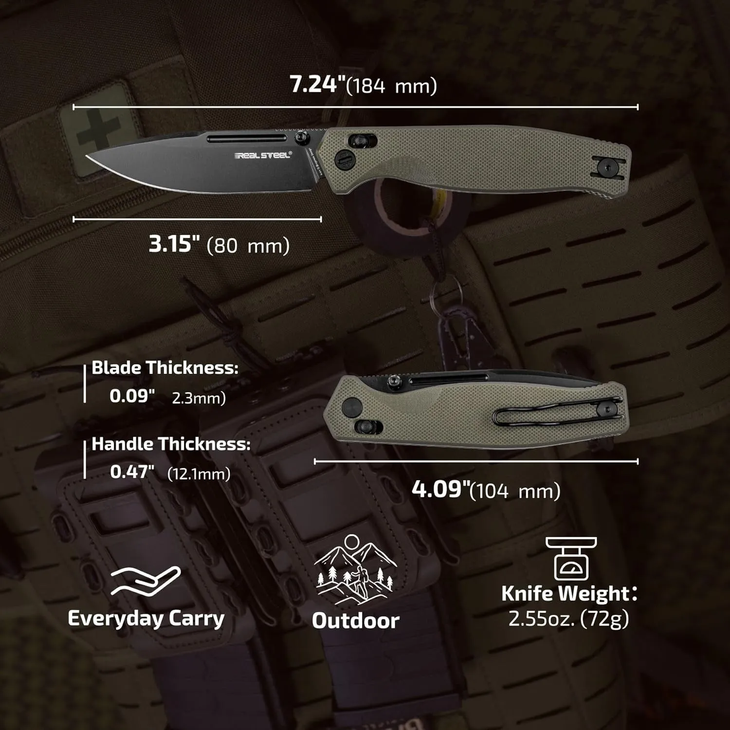 REALSTEEL Huginn Compact Folding Pocket Knife, Crossbar Lock, 3.15'' VG-10 Steel Blade, Thumb Stud, G10/Micarta Handle, Lightweight Knife with Reversible Deep Carry Clip for Men and Women, EDC Gift for Camping, Hiking, Outdoor Use (Black/Green G10)