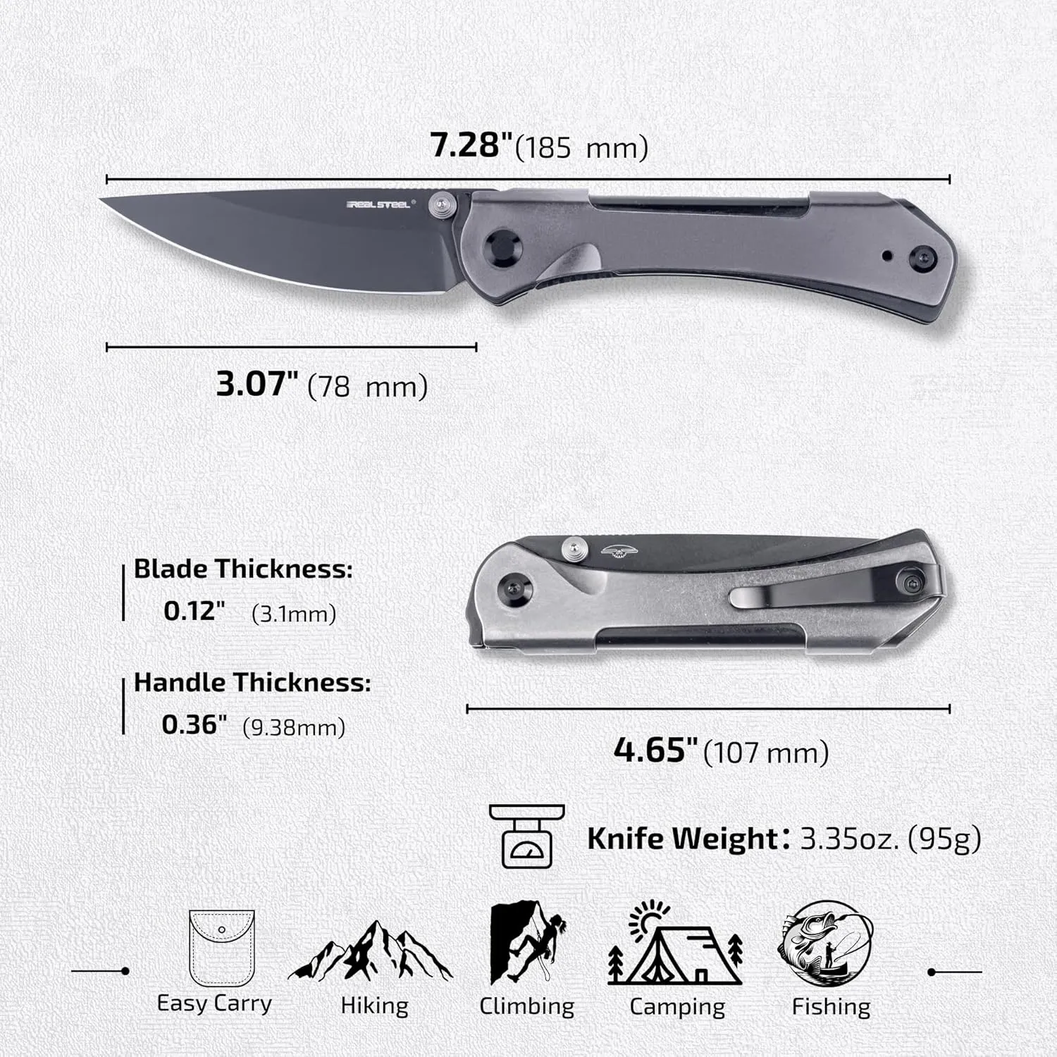 REALSTEEL SYLPH Folding Pocket Knife, Liner Lock, 3.07" Nitro-V Steel Black PVD Blade, Thumb Stud, Double Bending Steel Handle, 3.35oz, Deep-carry Pocket Clip, EDC Outdoor Indoor, Gifts for Men Women Camping Hiking Climbing (Gray Black)