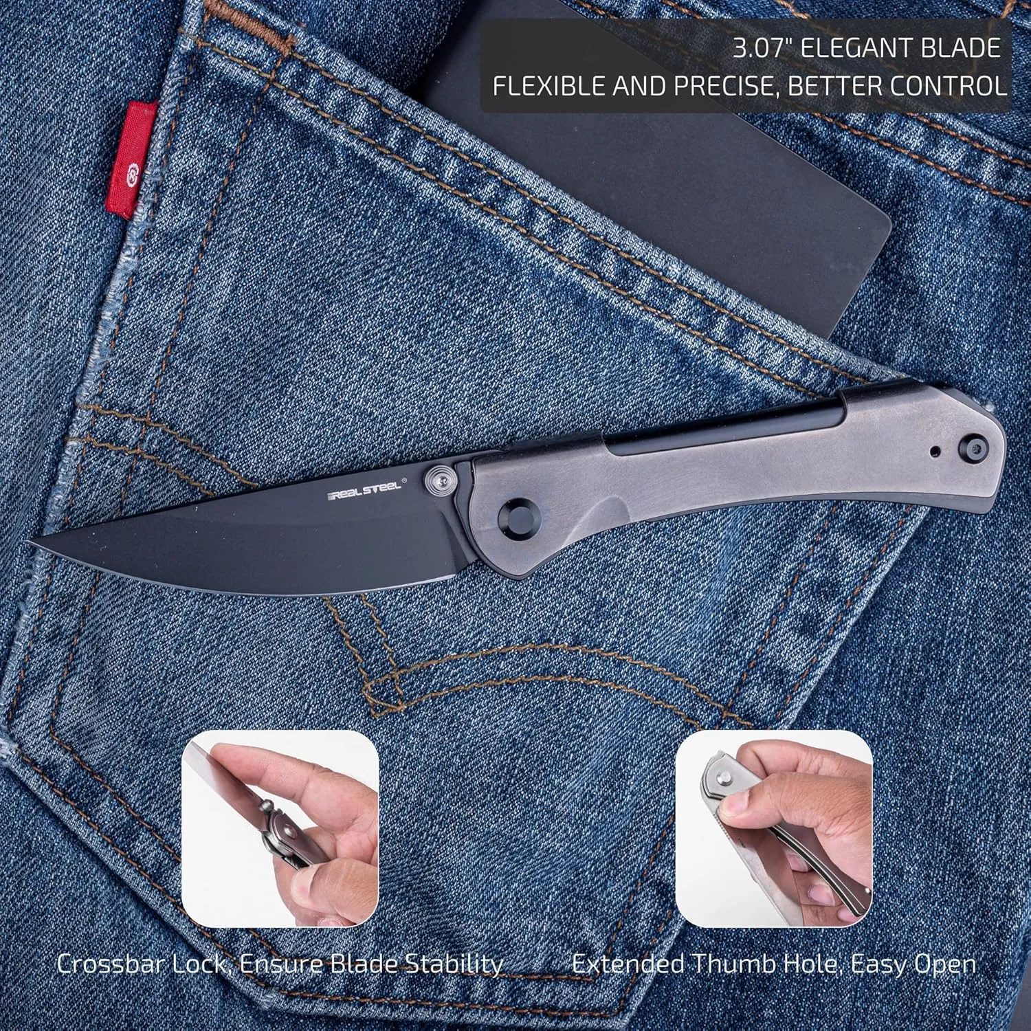 REALSTEEL SYLPH Folding Pocket Knife, Liner Lock, 3.07" Nitro-V Steel Black PVD Blade, Thumb Stud, Double Bending Steel Handle, 3.35oz, Deep-carry Pocket Clip, EDC Outdoor Indoor, Gifts for Men Women Camping Hiking Climbing (Gray Black)