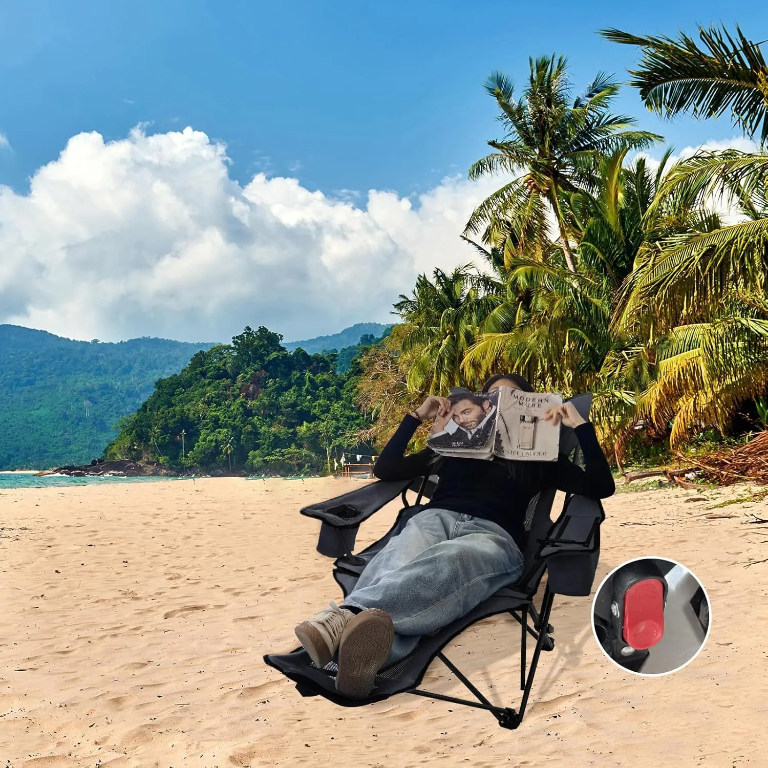 Reclining Camping Chair 4 Position with Foot Rest Comfortable for Adults 265Ibs Folding Lounger Mesh Beach Chair with Cooler Bag and Cup Holder for Outdoor Patio