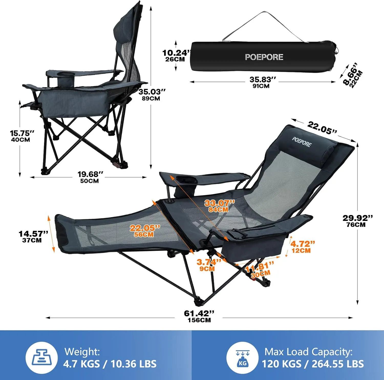 Reclining Camping Chair 4 Position with Foot Rest Comfortable for Adults 265Ibs Folding Lounger Mesh Beach Chair with Cooler Bag and Cup Holder for Outdoor Patio