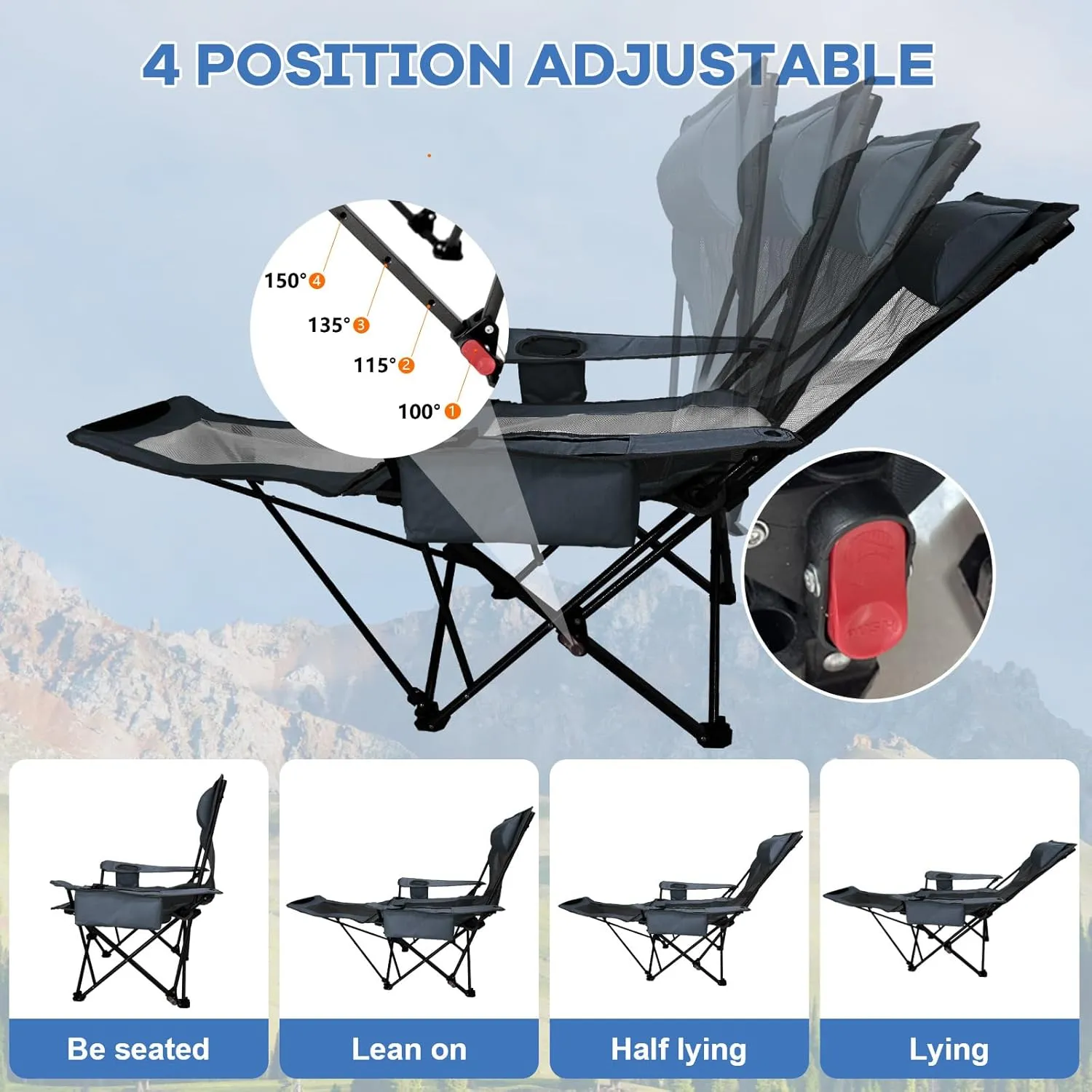 Reclining Camping Chair 4 Position with Foot Rest Comfortable for Adults 265Ibs Folding Lounger Mesh Beach Chair with Cooler Bag and Cup Holder for Outdoor Patio