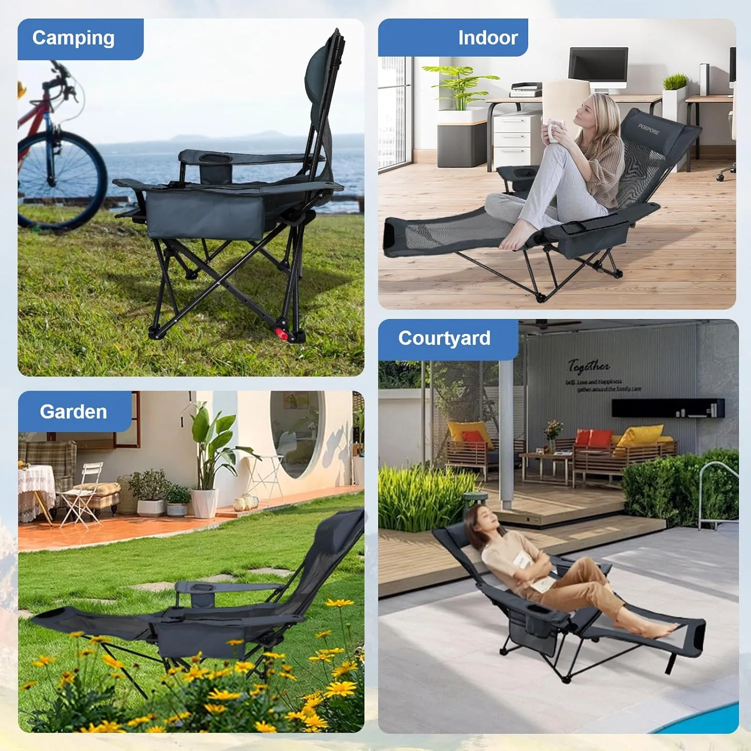 Reclining Camping Chair 4 Position with Foot Rest Comfortable for Adults 265Ibs Folding Lounger Mesh Beach Chair with Cooler Bag and Cup Holder for Outdoor Patio