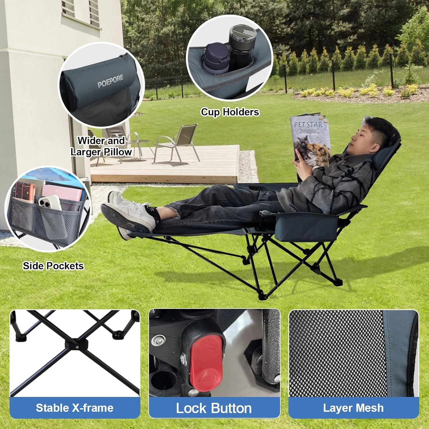 Reclining Camping Chair 4 Position with Foot Rest Comfortable for Adults 265Ibs Folding Lounger Mesh Beach Chair with Cooler Bag and Cup Holder for Outdoor Patio