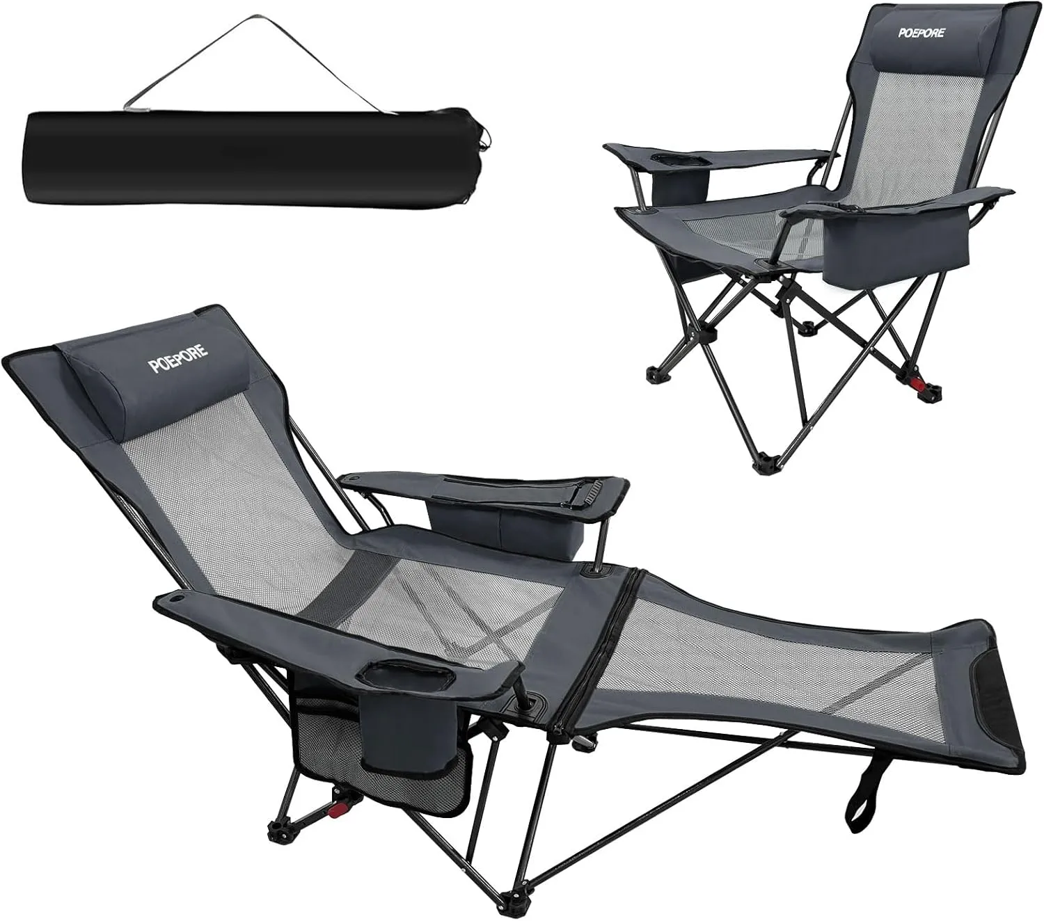 Reclining Camping Chair 4 Position with Foot Rest Comfortable for Adults 265Ibs Folding Lounger Mesh Beach Chair with Cooler Bag and Cup Holder for Outdoor Patio