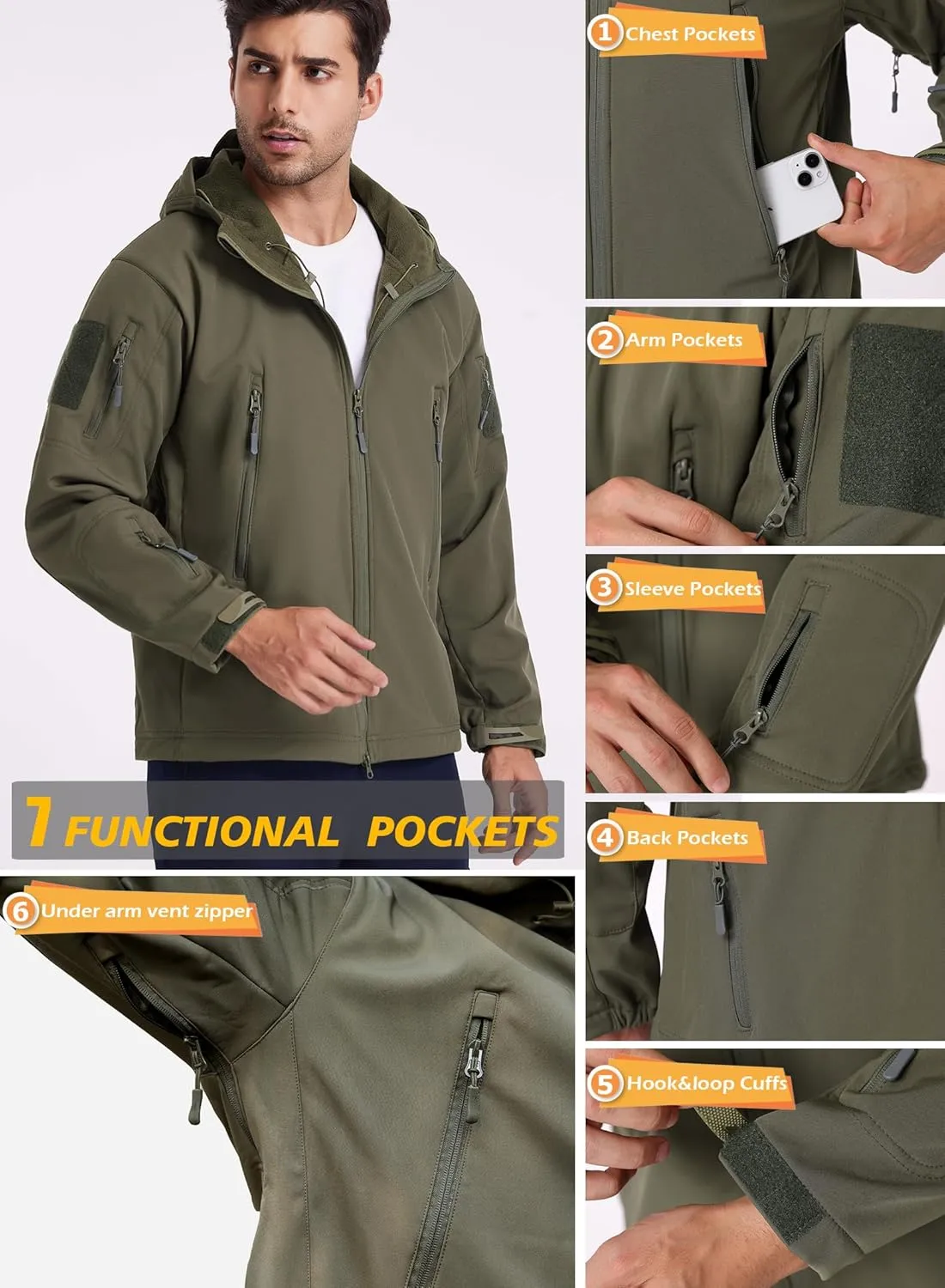 ReFire Gear Men's Army Special Ops Military Tactical Jacket Softshell Fleece Hooded Outdoor Coat