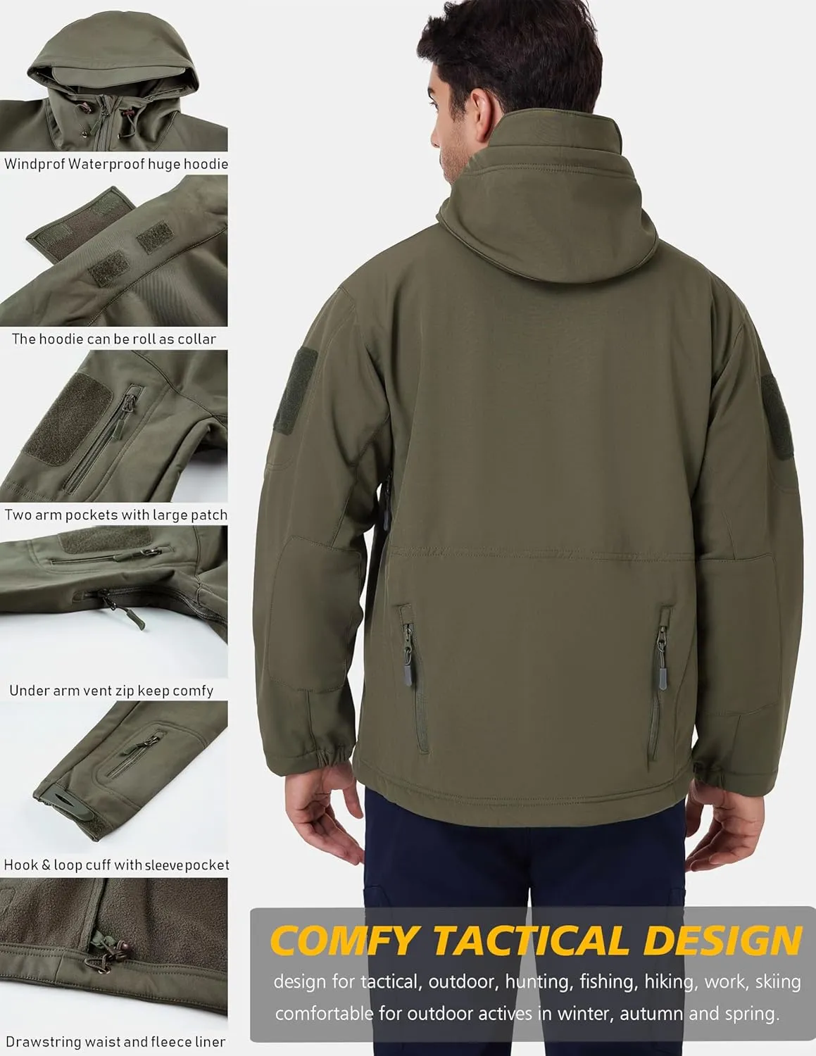 ReFire Gear Men's Army Special Ops Military Tactical Jacket Softshell Fleece Hooded Outdoor Coat