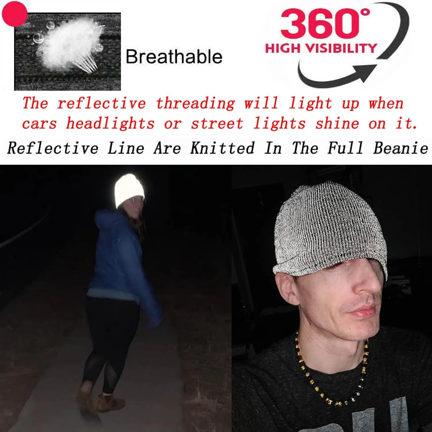 Reflective Beanie Hat High Visibility Warm Winter Loop Knit Cap Gifts for Women Men