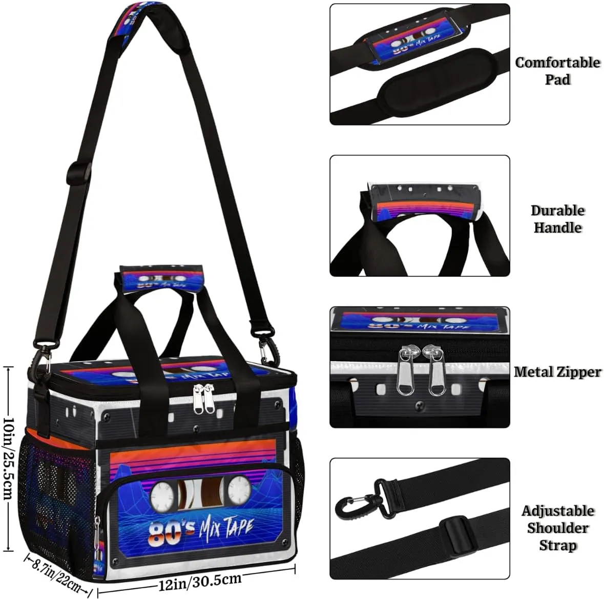 Retro Cassette Tape Insulated Lunch Bag for Women Men Large Adult Leakproof Lunch Box with Adjustable Shoulder Strap Reusable Cooler Tote Bag for Work Office Picnic Beach
