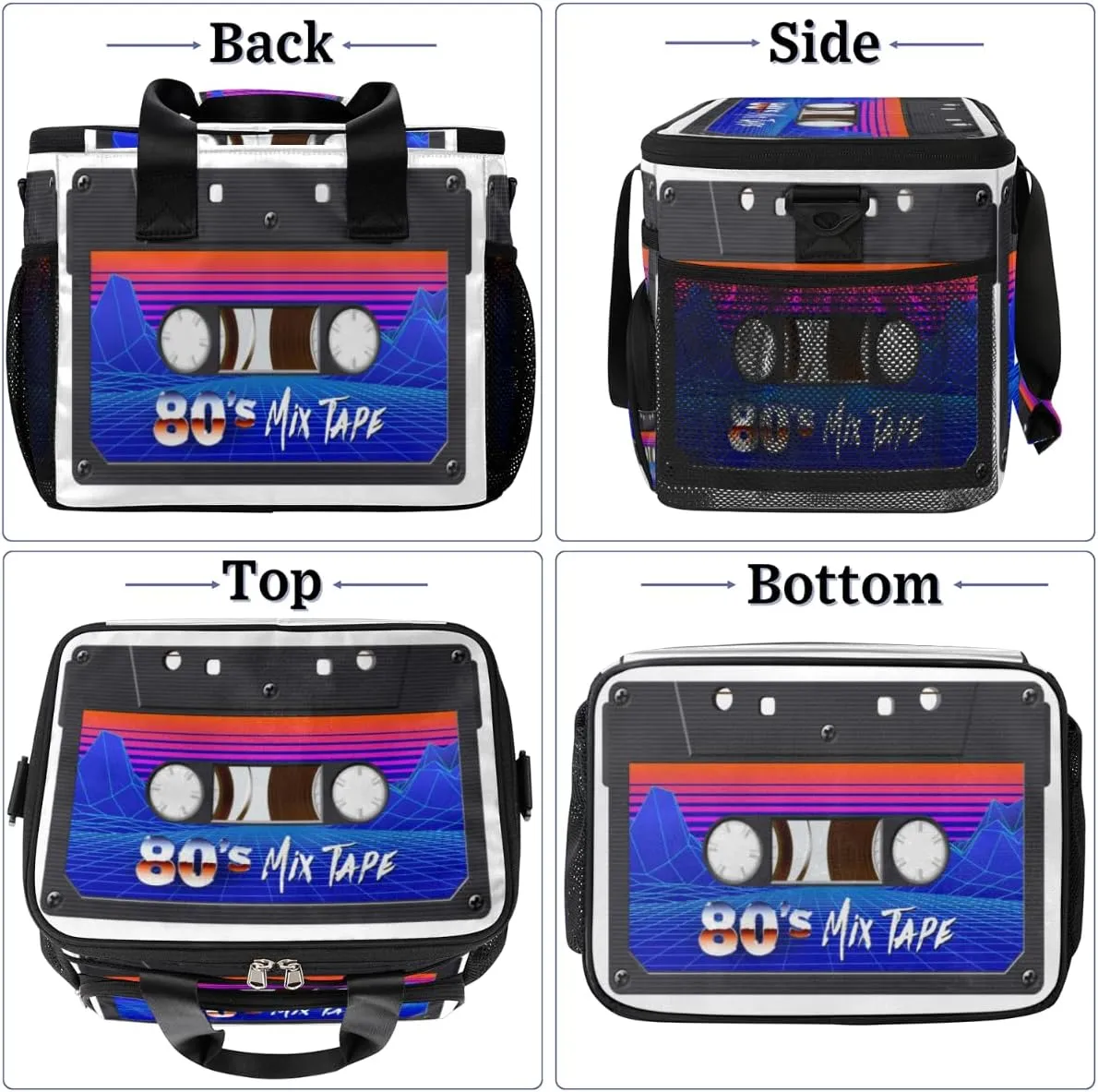 Retro Cassette Tape Insulated Lunch Bag for Women Men Large Adult Leakproof Lunch Box with Adjustable Shoulder Strap Reusable Cooler Tote Bag for Work Office Picnic Beach