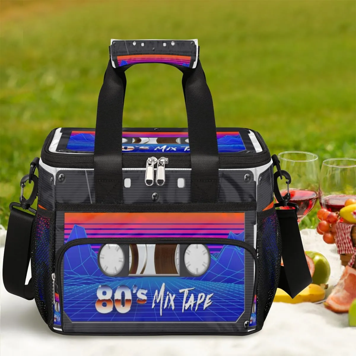Retro Cassette Tape Insulated Lunch Bag for Women Men Large Adult Leakproof Lunch Box with Adjustable Shoulder Strap Reusable Cooler Tote Bag for Work Office Picnic Beach
