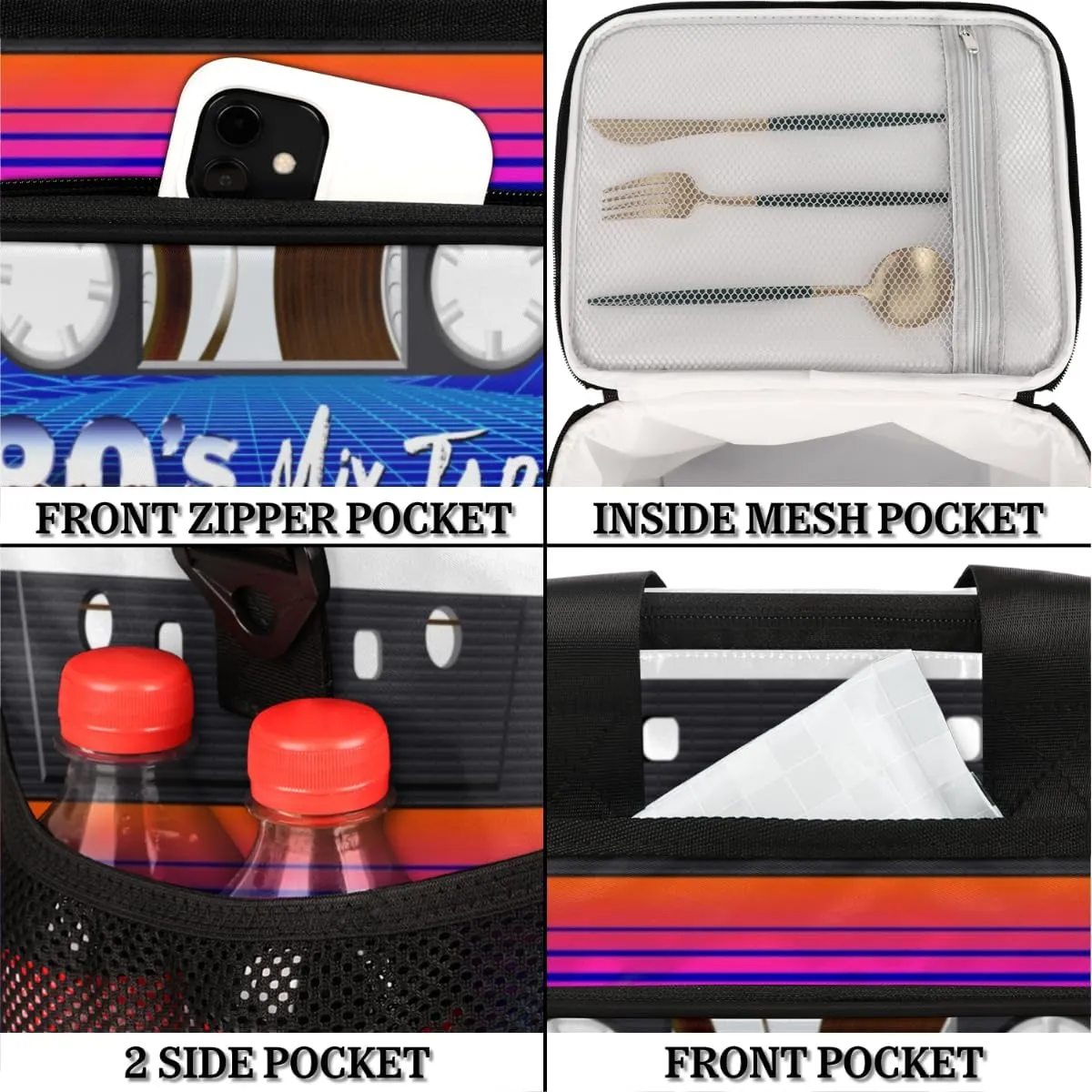 Retro Cassette Tape Insulated Lunch Bag for Women Men Large Adult Leakproof Lunch Box with Adjustable Shoulder Strap Reusable Cooler Tote Bag for Work Office Picnic Beach