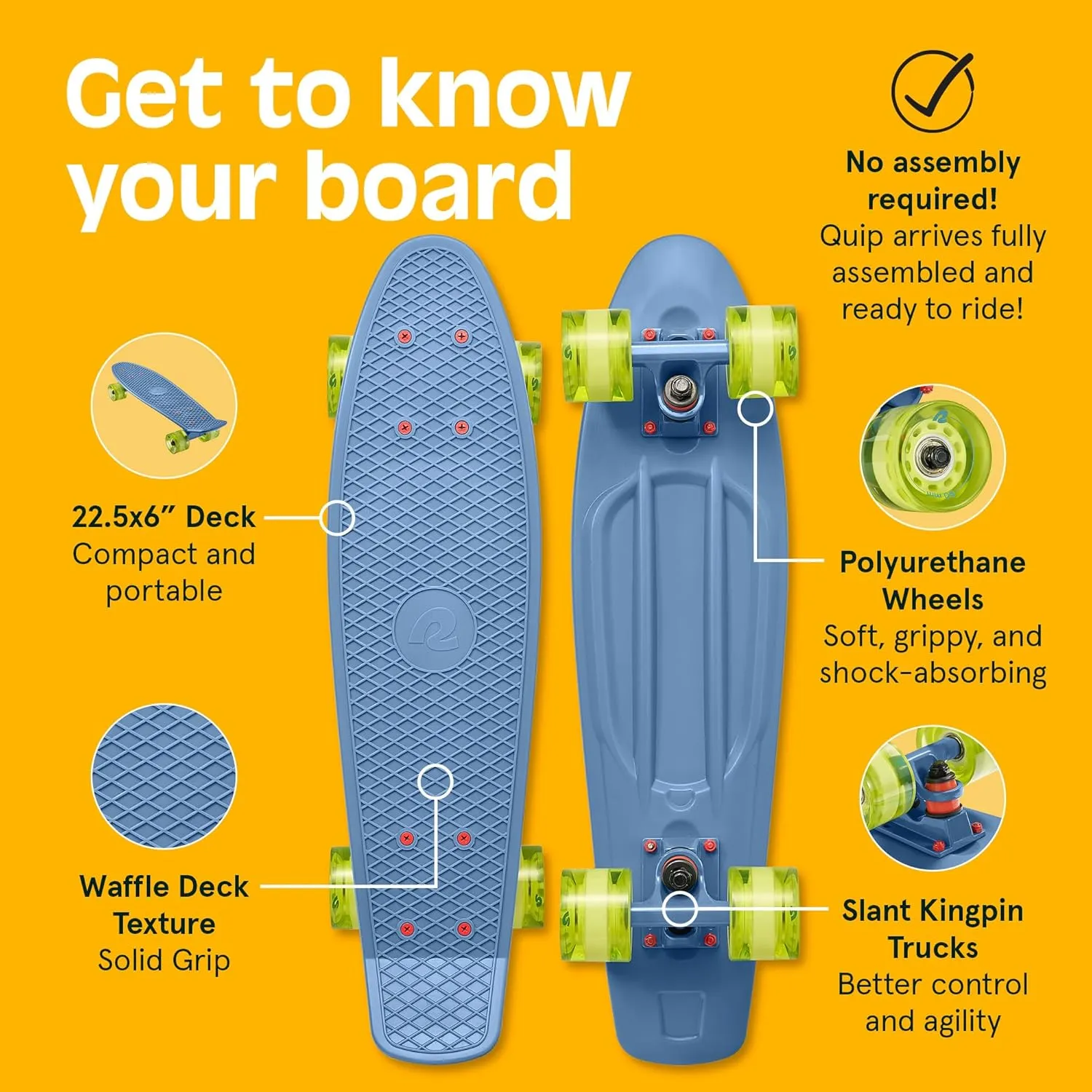 Retrospec Quip Mini Cruiser Skateboard 22.5" Classic Retro Plastic Cruiser Complete Skateboard with ABEC 7 Bearings and PU Wheels Compact Board w/Grippy, Molded Waffle Deck