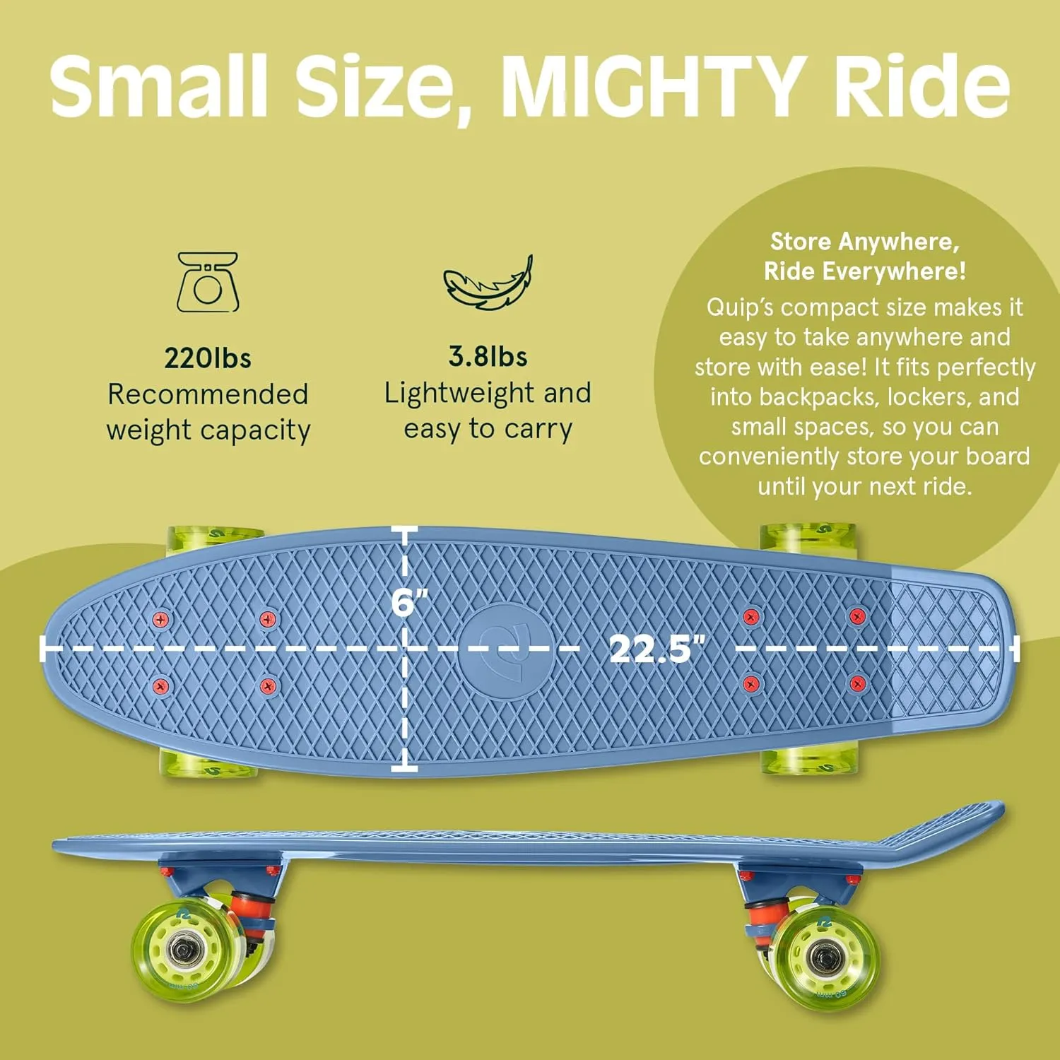 Retrospec Quip Mini Cruiser Skateboard 22.5" Classic Retro Plastic Cruiser Complete Skateboard with ABEC 7 Bearings and PU Wheels Compact Board w/Grippy, Molded Waffle Deck