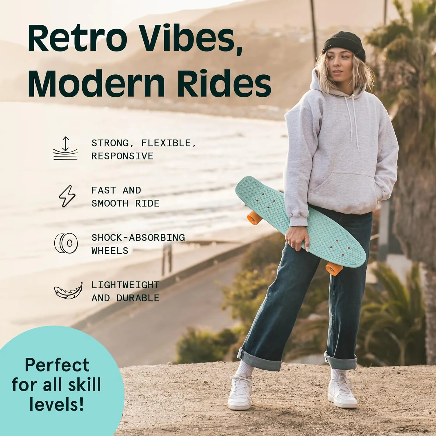 Retrospec Quip Mini Cruiser Skateboard 22.5" Classic Retro Plastic Cruiser Complete Skateboard with ABEC 7 Bearings and PU Wheels Compact Board w/Grippy, Molded Waffle Deck