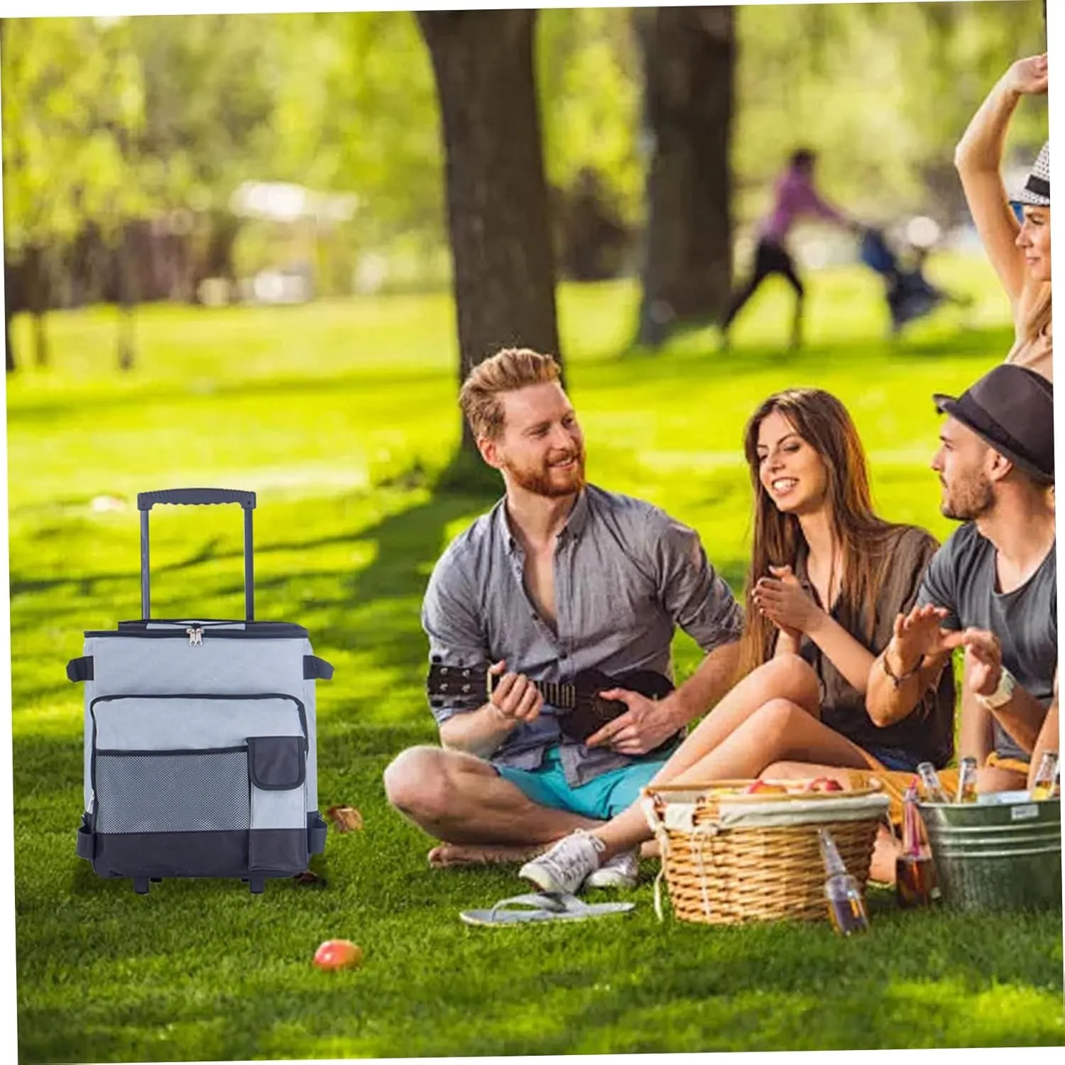 Rolling Cooler, 43L Large Cooler, Insulated Cool Bag Grey, Leakproof Cooler Trolley for Outdoor, Low Noise Rolling Cooler, Collapsible Rolling Cooler, Cooler with Wheels and Pull