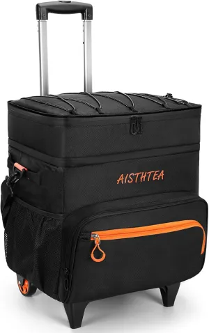 Rolling Cooler with Wheels and 𝟗𝟖𝐂𝐌 Handle, 𝟔𝟎  Can Leakproof Soft Sided Travel Cooler, Double Deck & Enhanced Stability Wheeled Cooler, Insulated Cool Bag for Camping,Grocery,Beach,Outdoor