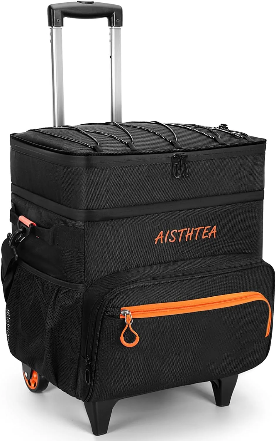 Rolling Cooler with Wheels and 𝟗𝟖𝐂𝐌 Handle, 𝟔𝟎  Can Leakproof Soft Sided Travel Cooler, Double Deck & Enhanced Stability Wheeled Cooler, Insulated Cool Bag for Camping,Grocery,Beach,Outdoor