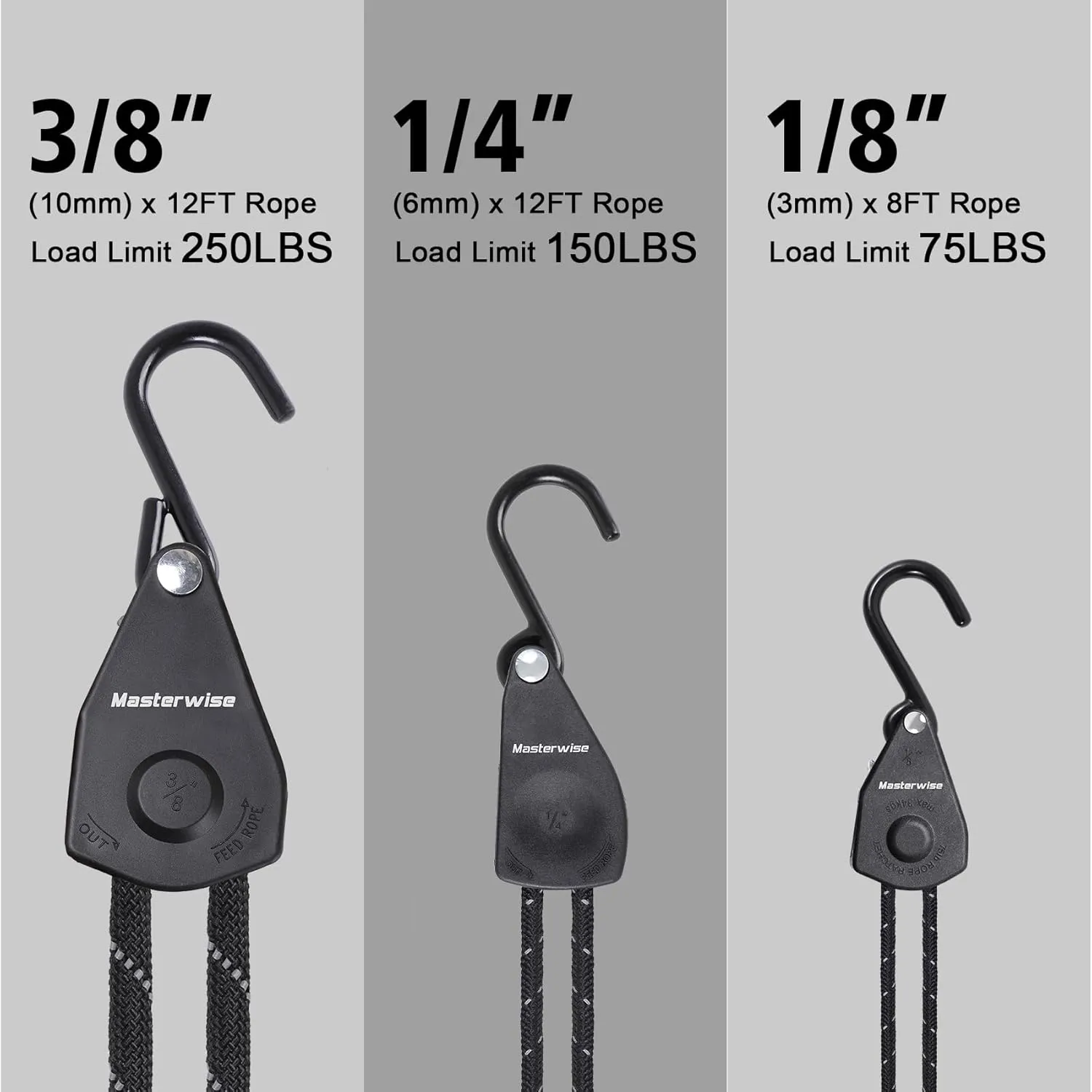 Rope Ratchet, Kayak Tie Down Straps with Reflective Stripe, Boat Trailer Straps Canoe Bow and Stern Rope Hanger Kayak and Canoe Accessories (Black, 3/8" x12'-2pcs)