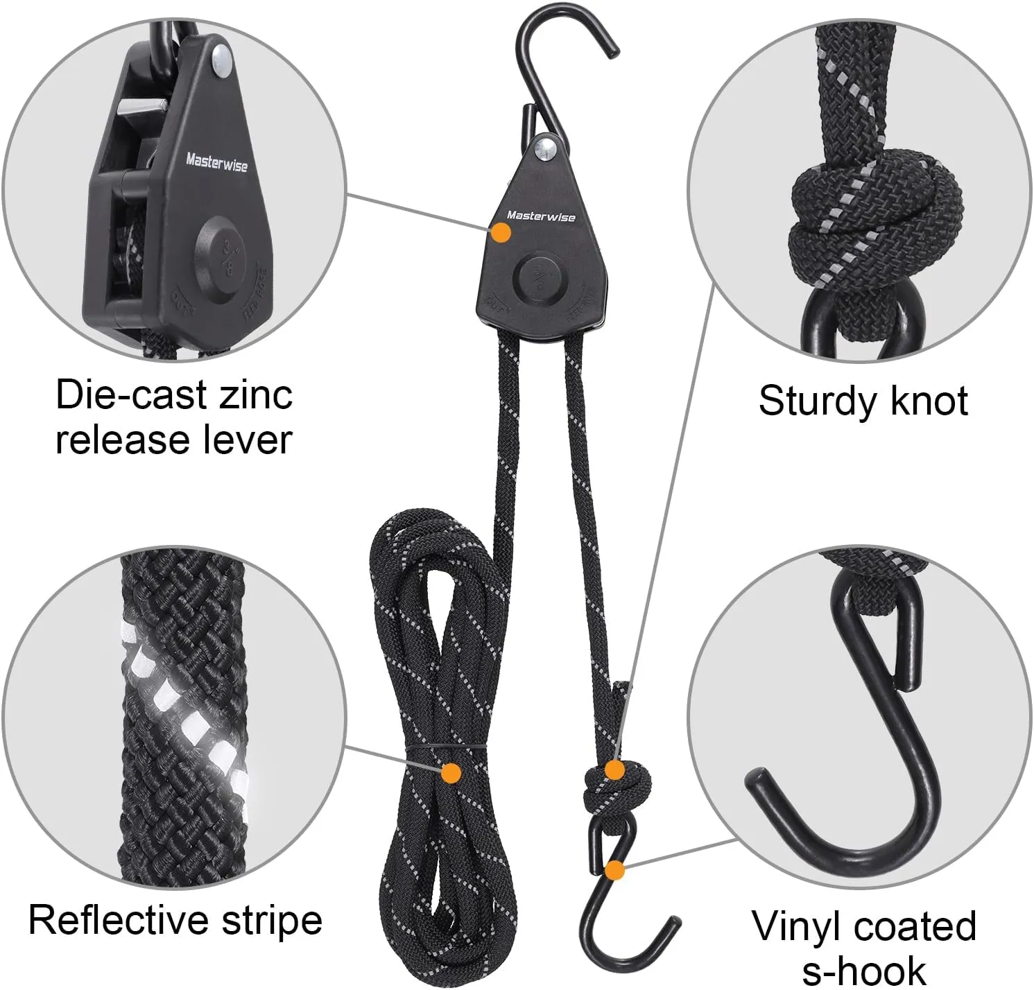 Rope Ratchet, Kayak Tie Down Straps with Reflective Stripe, Boat Trailer Straps Canoe Bow and Stern Rope Hanger Kayak and Canoe Accessories (Black, 3/8" x12'-2pcs)