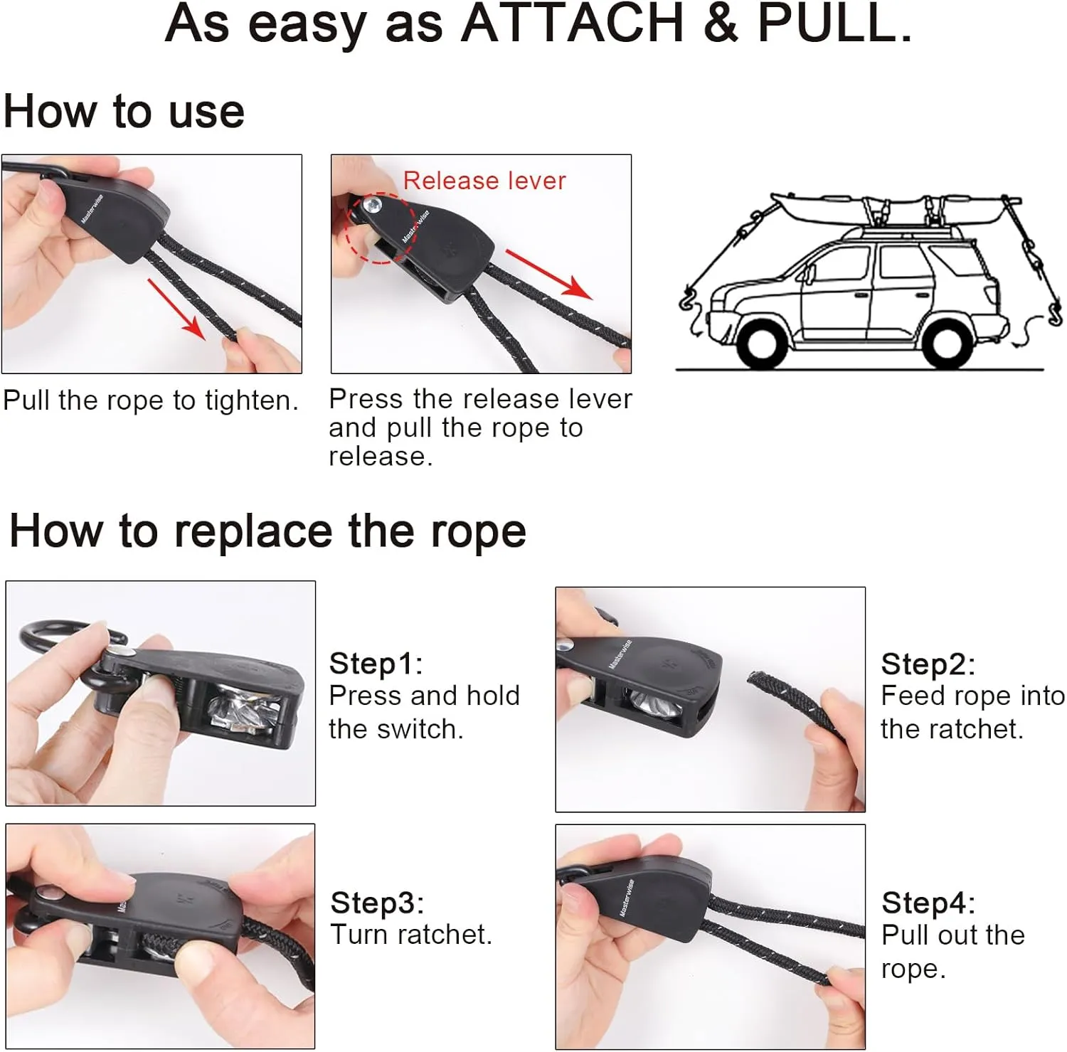 Rope Ratchet, Kayak Tie Down Straps with Reflective Stripe, Boat Trailer Straps Canoe Bow and Stern Rope Hanger Kayak and Canoe Accessories (Black, 3/8" x12'-2pcs)