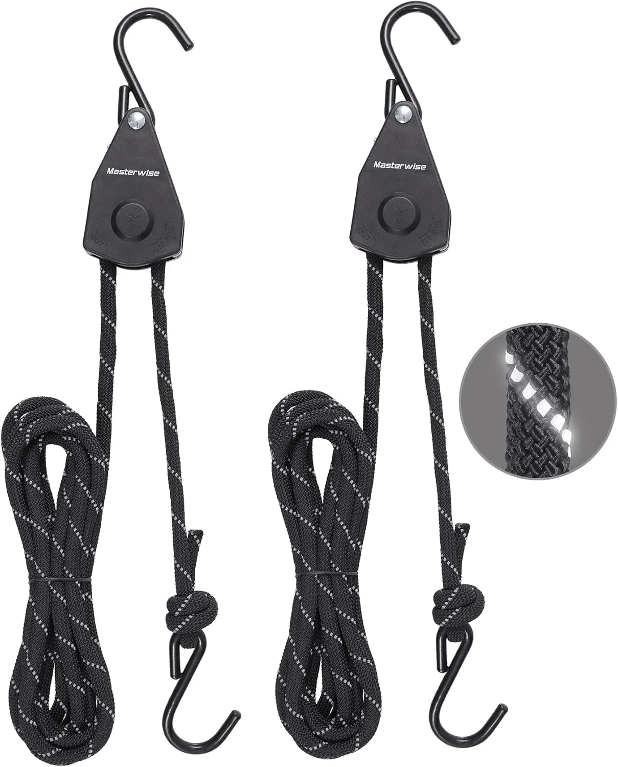 Rope Ratchet, Kayak Tie Down Straps with Reflective Stripe, Boat Trailer Straps Canoe Bow and Stern Rope Hanger Kayak and Canoe Accessories (Black, 3/8" x12'-2pcs)