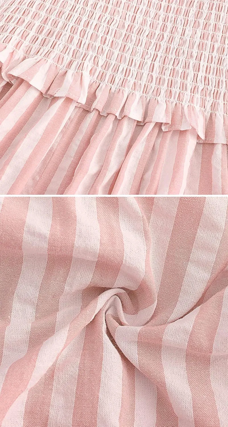 R.Vivimos Women's Summer Cotton Adjustable Straps Boho Stripe Casual Flowy A Line Midi Dress with Pockets