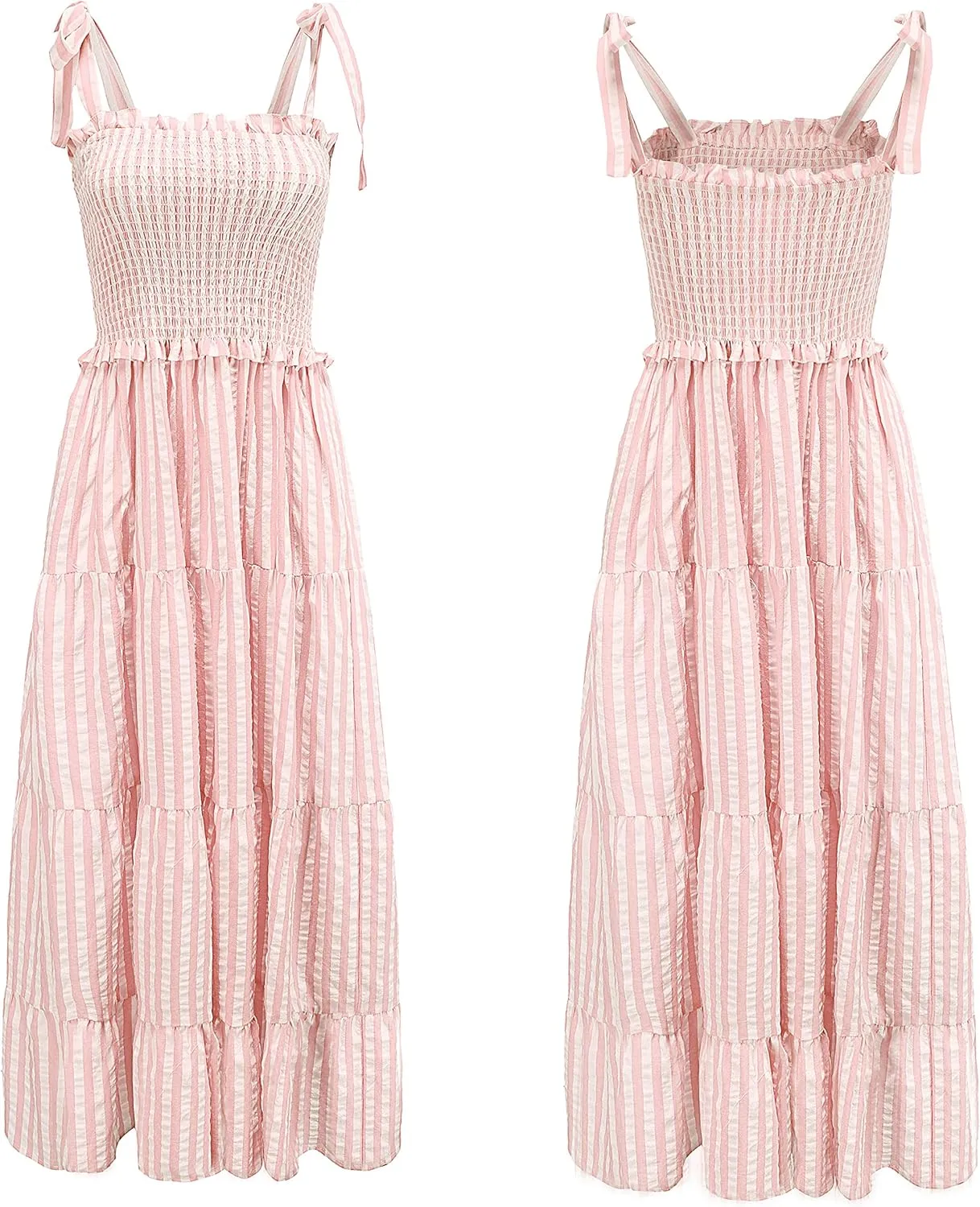 R.Vivimos Women's Summer Cotton Adjustable Straps Boho Stripe Casual Flowy A Line Midi Dress with Pockets