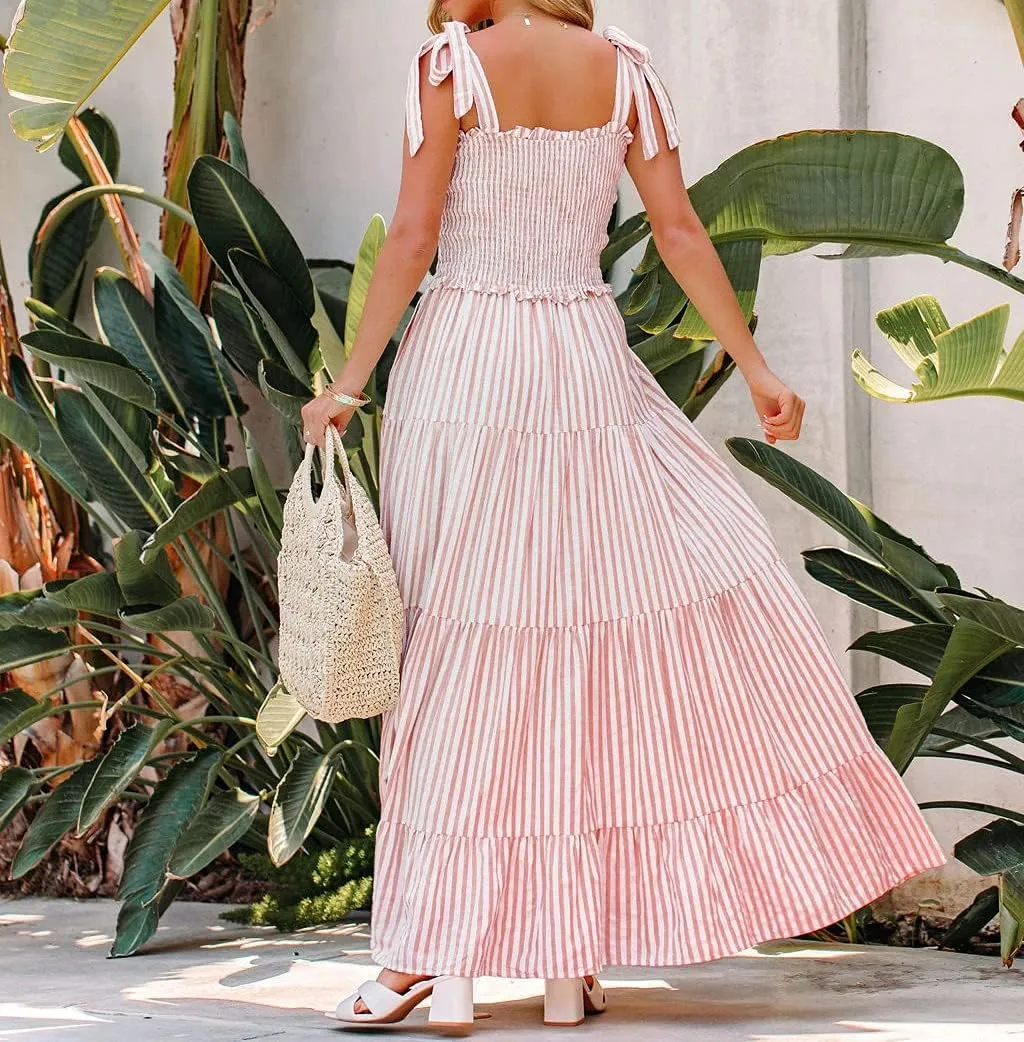 R.Vivimos Women's Summer Cotton Adjustable Straps Boho Stripe Casual Flowy A Line Midi Dress with Pockets